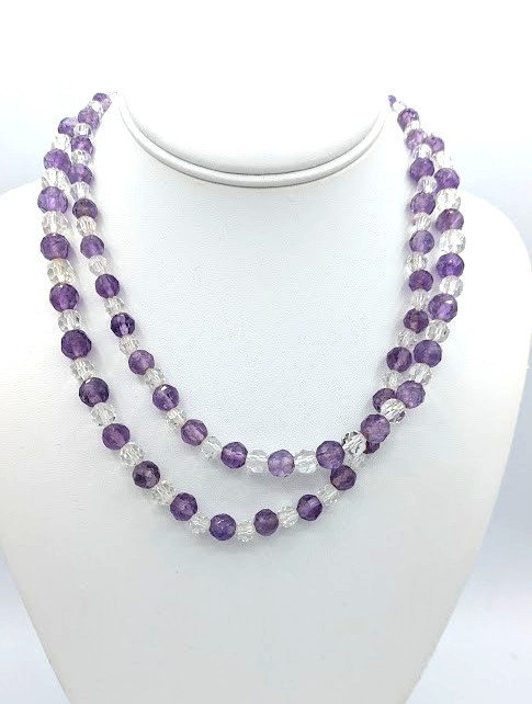 Vintage Amethyst Crystal Beaded Necklace Sterling Vermeil Clasp 32 Inch