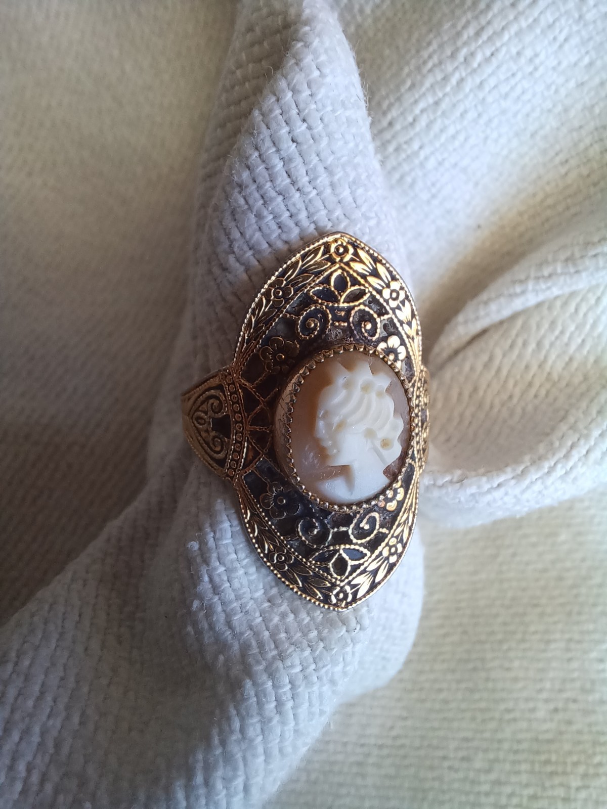 VINTAGE ART DECO JOE ESPOSITO ESPO CARVED SHELL CAMEO 18K HGE FILIGREE RING 7.25