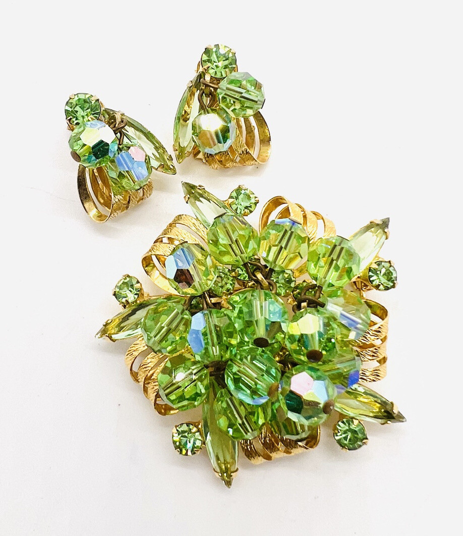 JULIANA Delizza Elster URANIUM GLASS Rhinestone Brooch Earrings Vintage Jewelry