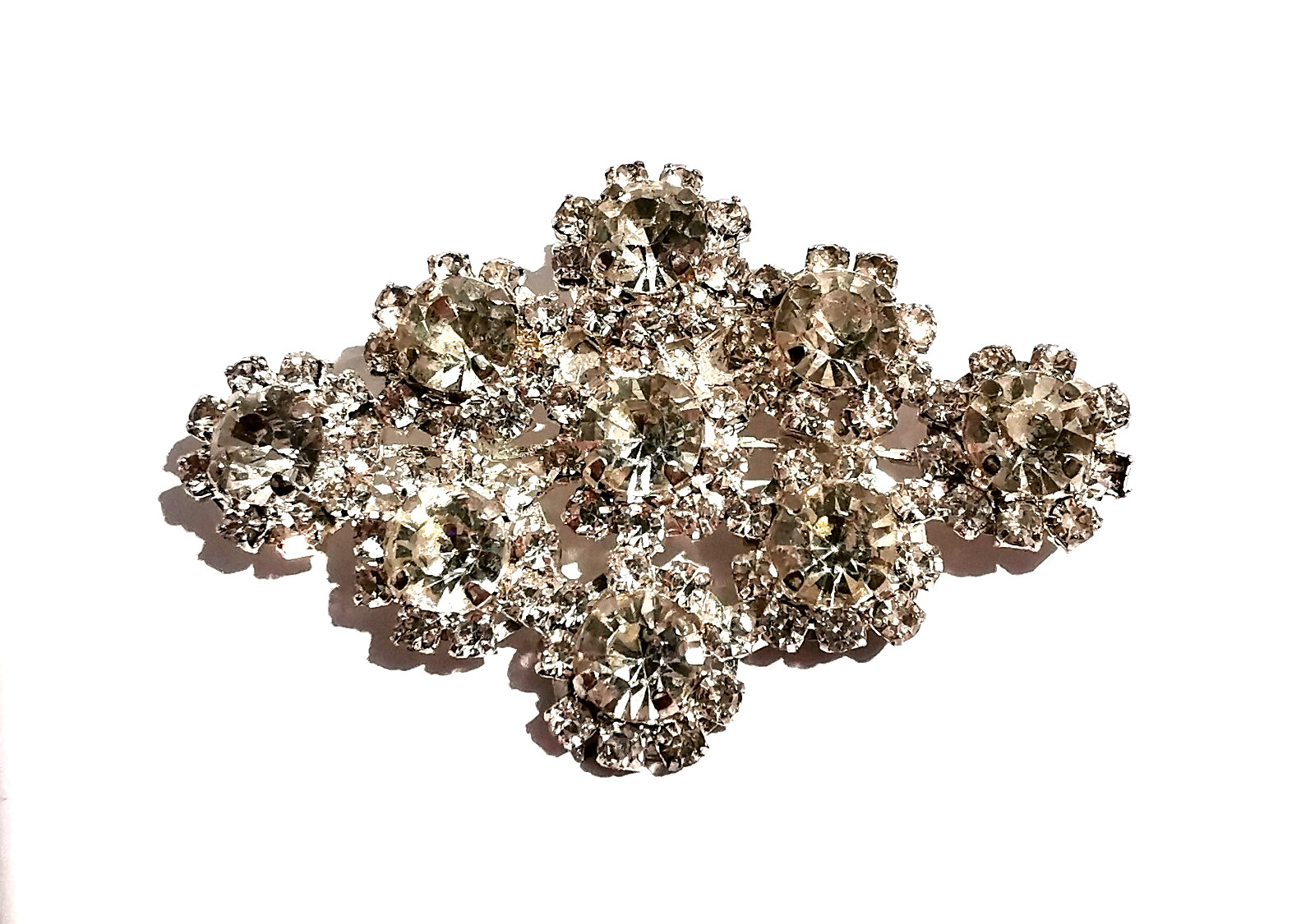 Vintage Czech Brooch Handmade Rhombus Shape Clear Colorless Rhinestones Glass