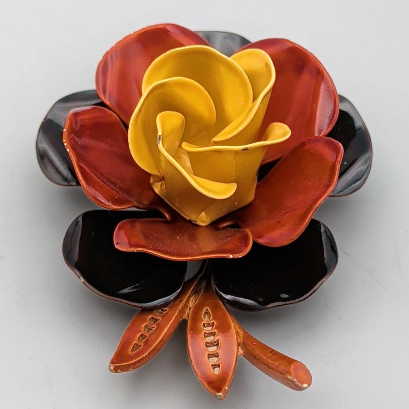 Vtg Yellow Rust Brown Enamel Flower Brooch Mod Pop Art 3D Floral Pin 1960s MCM