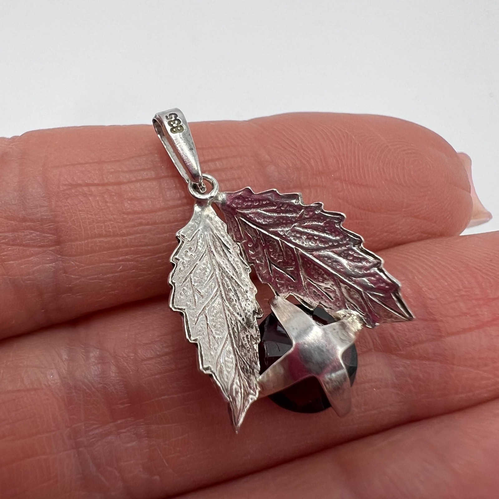 Vintage 835 Silver Leaf Pendant Red Stone | European Style | No Chain