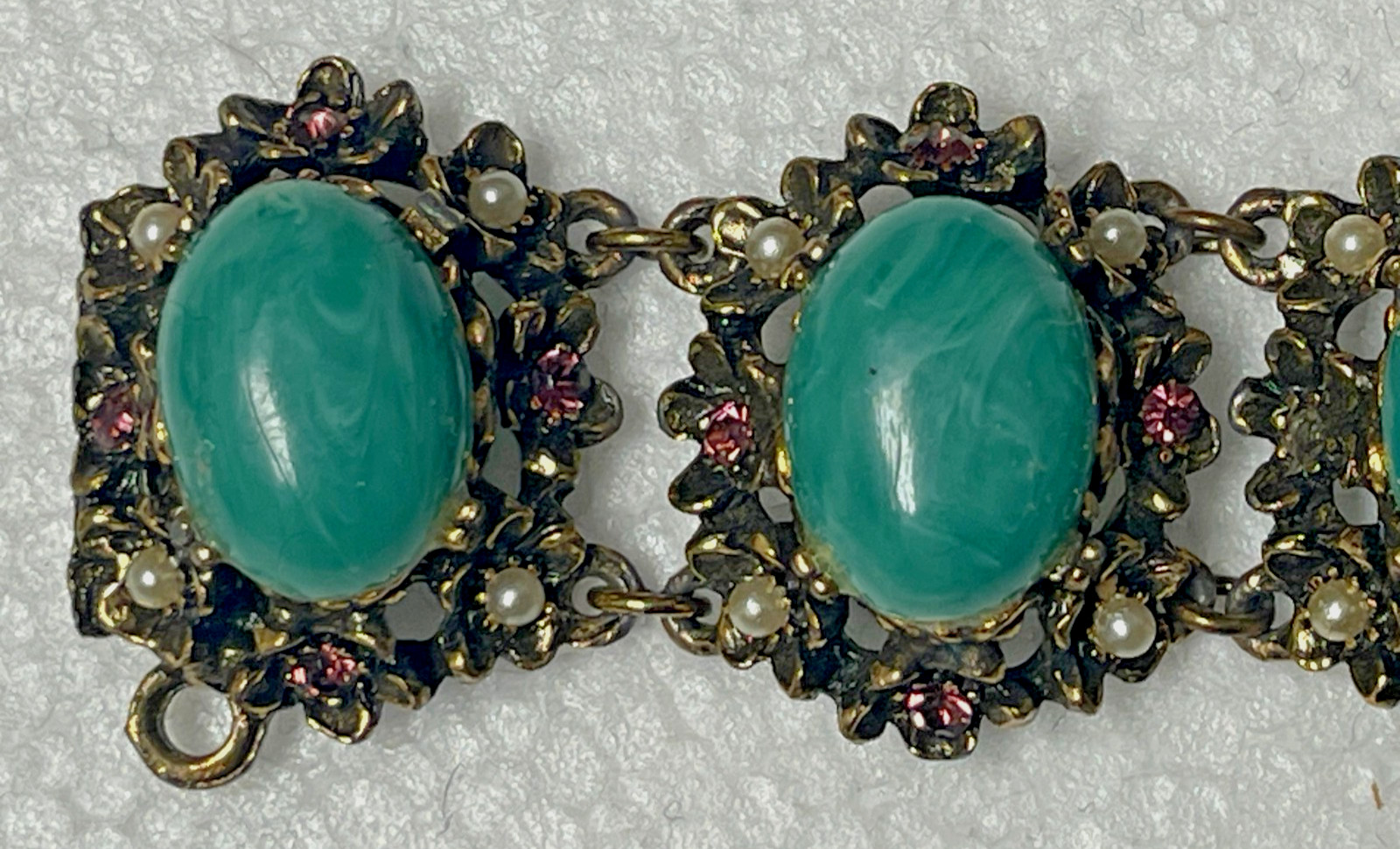Vintage Selro or Selini Teal Green Faux Pearl Cabochon Chunky Link Bracelet