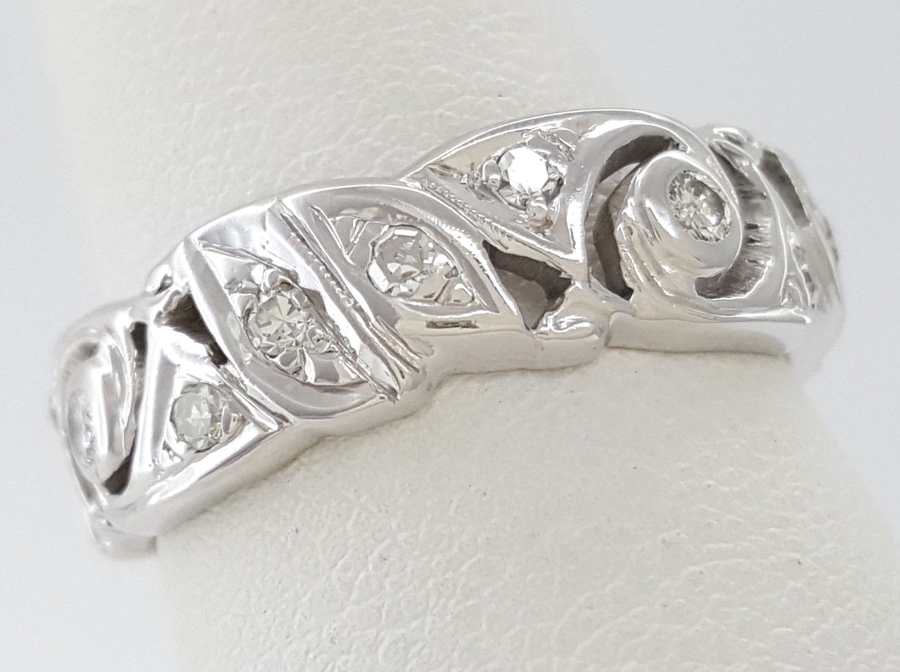 Antique Natural Round Diamond Flower Band Ring 14K White Gold 0.35 ct 6.5 mm