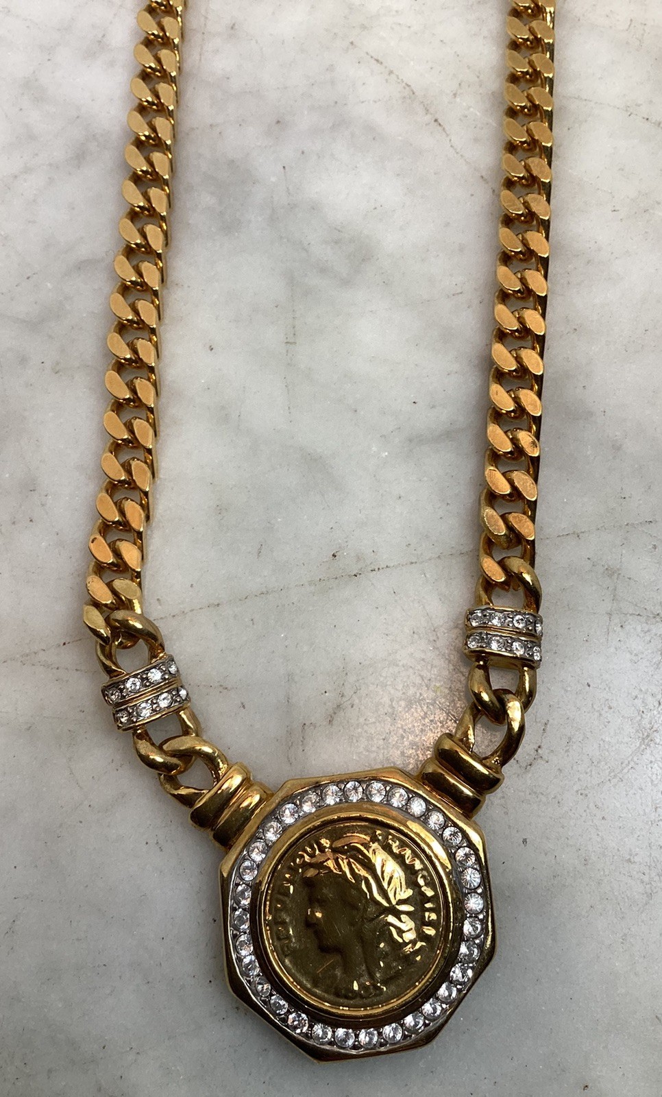 Vintage Gold Tone Roman Coin Rhinestone Pendant Curb Link Chain Necklace