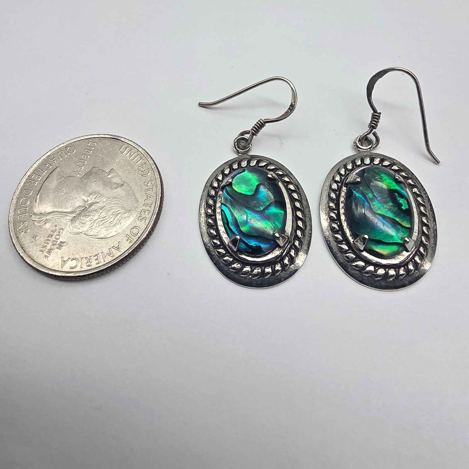 Paua Abalone Shell Sterling Silver Oval Dangle Pierced Earrings Vintage