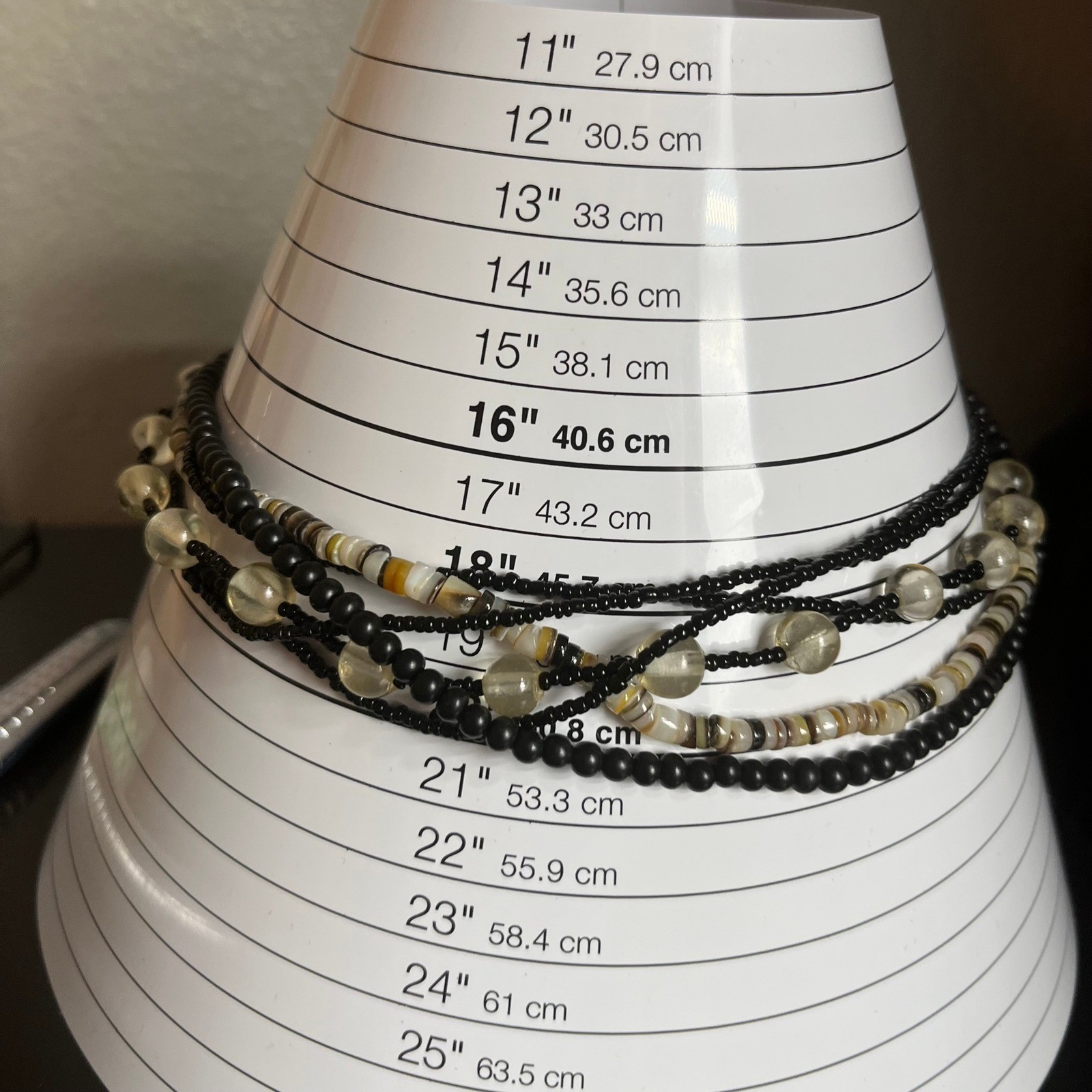 VTG Multi Strand Black Beaded Necklace Layered Shell Glass Mixed Media Statement