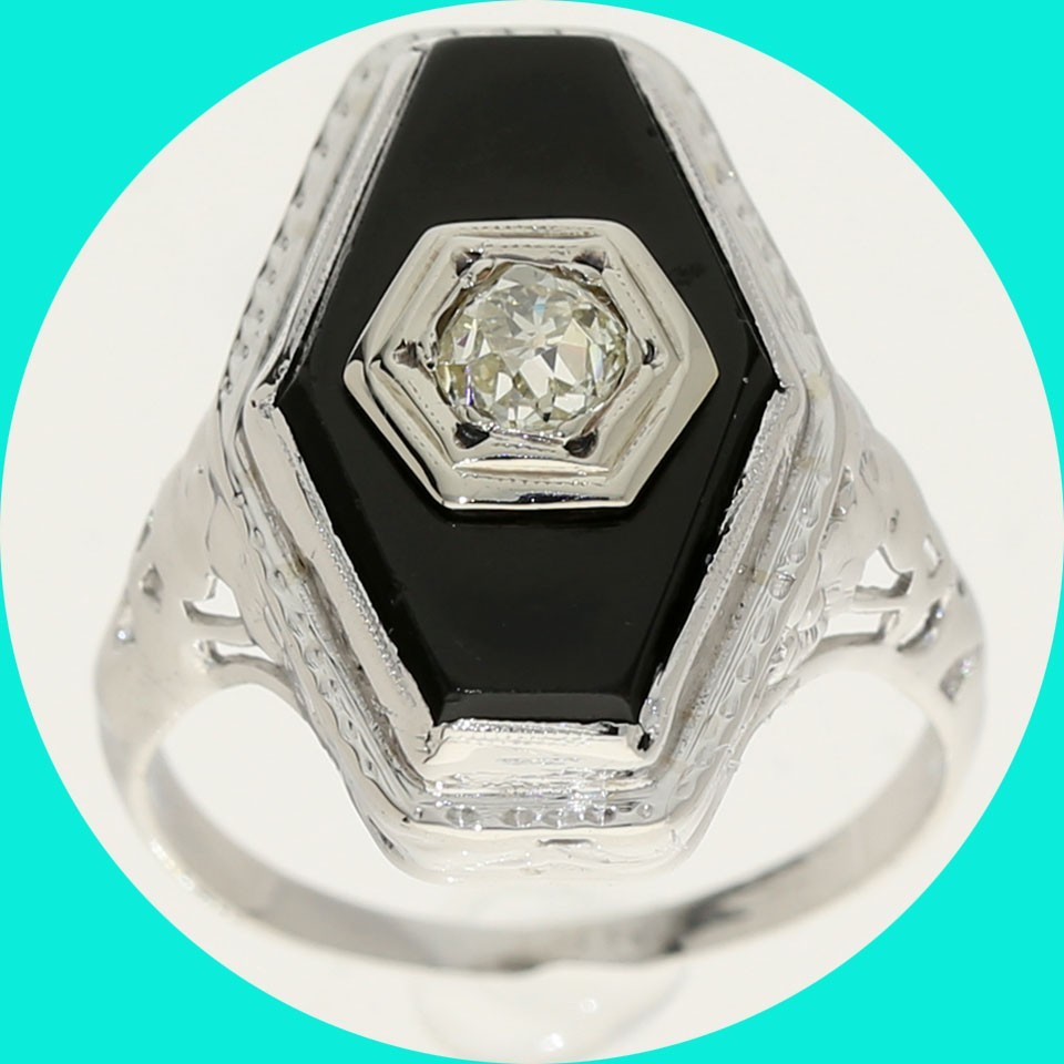 Antique Natural Diamond Onyx Filigree Ring .40CT 14K White Gold Size 7