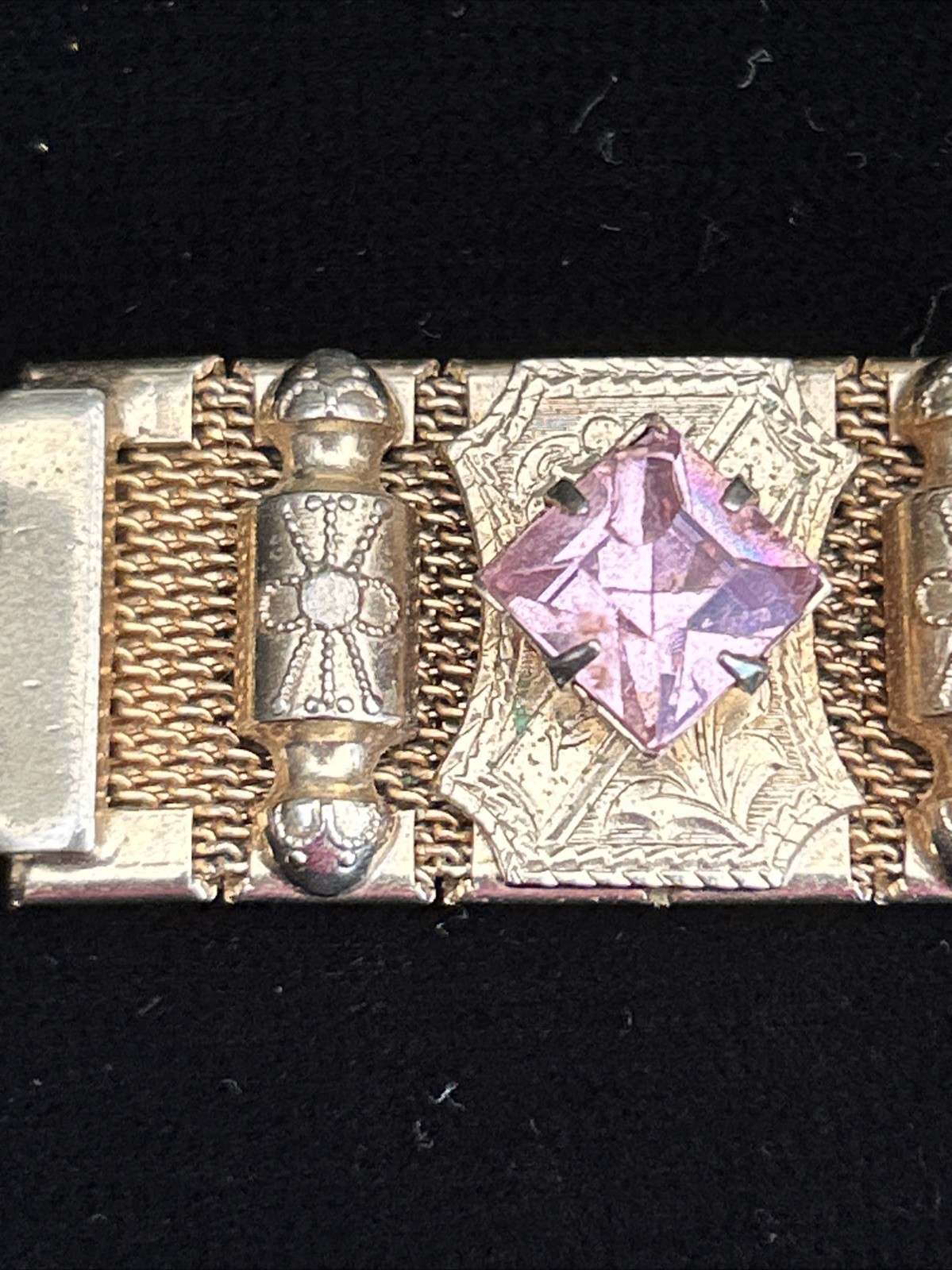 Vintage Mesh 7″ Bracelet Victorian Revival Station Stone Charms