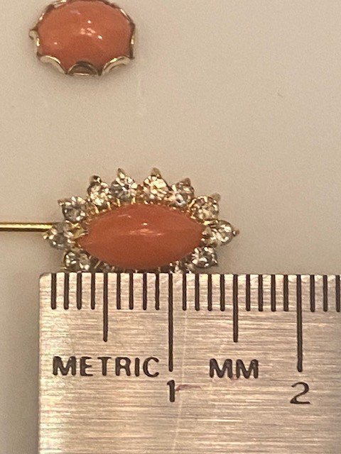 Vintage 1980s Set of Pink Coral & Dimond Pin and Stud Earrings – Gold Plated