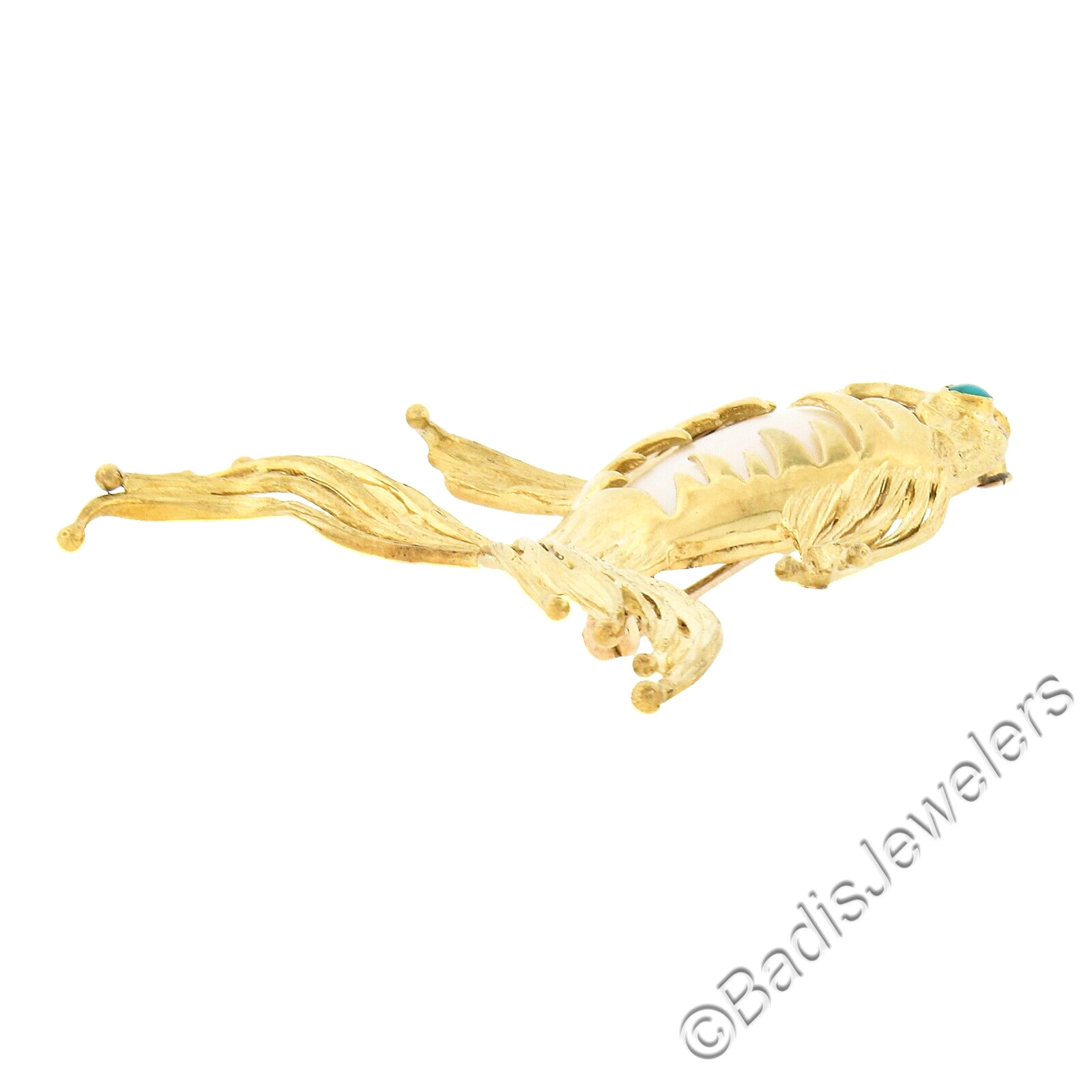 Gold Mabe Pearl & Turquoise Free Form Textured Detailed Fish Pin Brooch