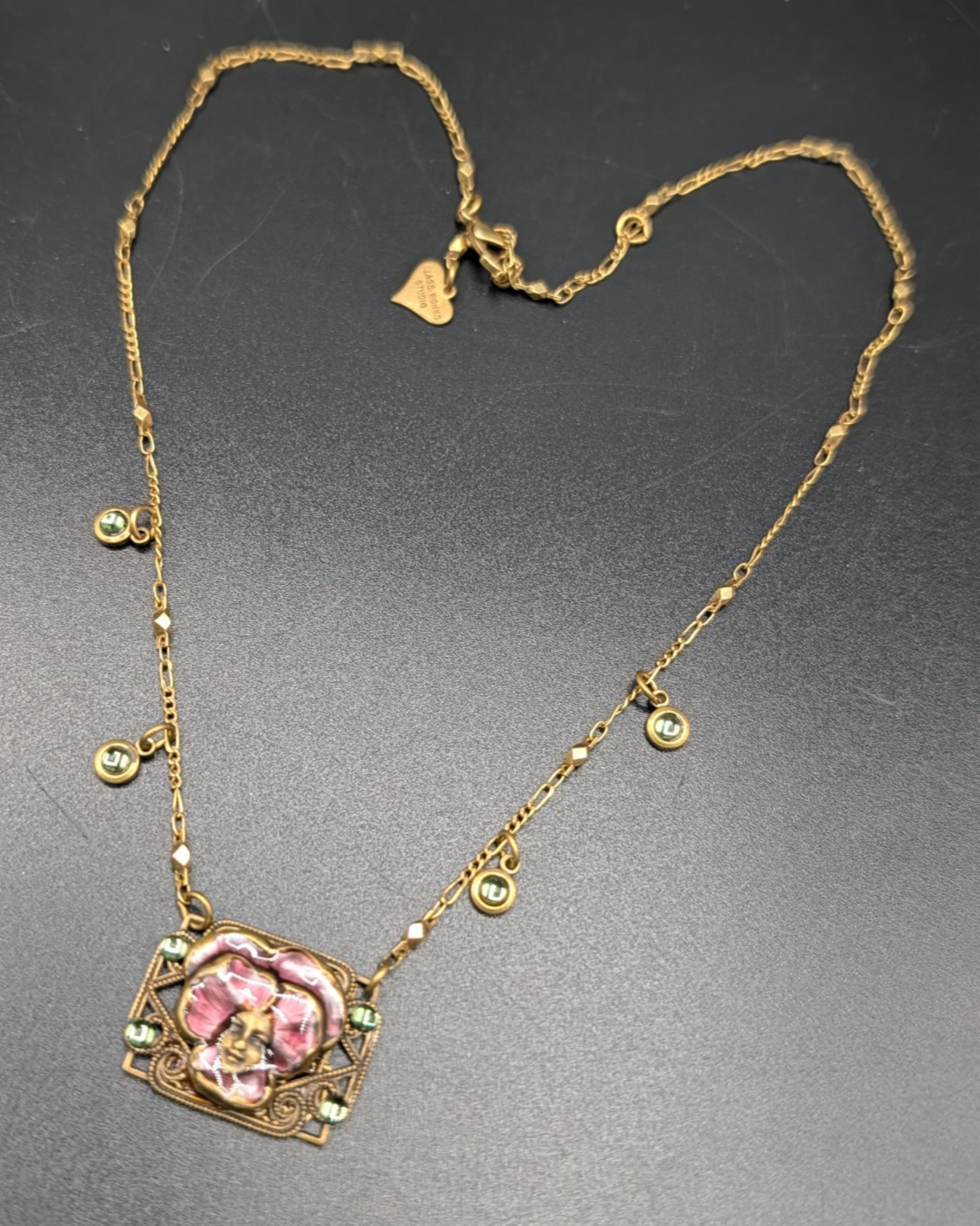Vintage Glass Works Studio Art Nouveau Style Fairy Face Brass Finish Necklace