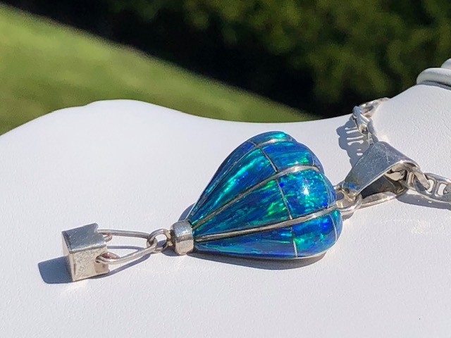 Opal Gemstone Filled Blue HOT AIR Balloon Ride Pendant necklace Vintage VIDEO RL
