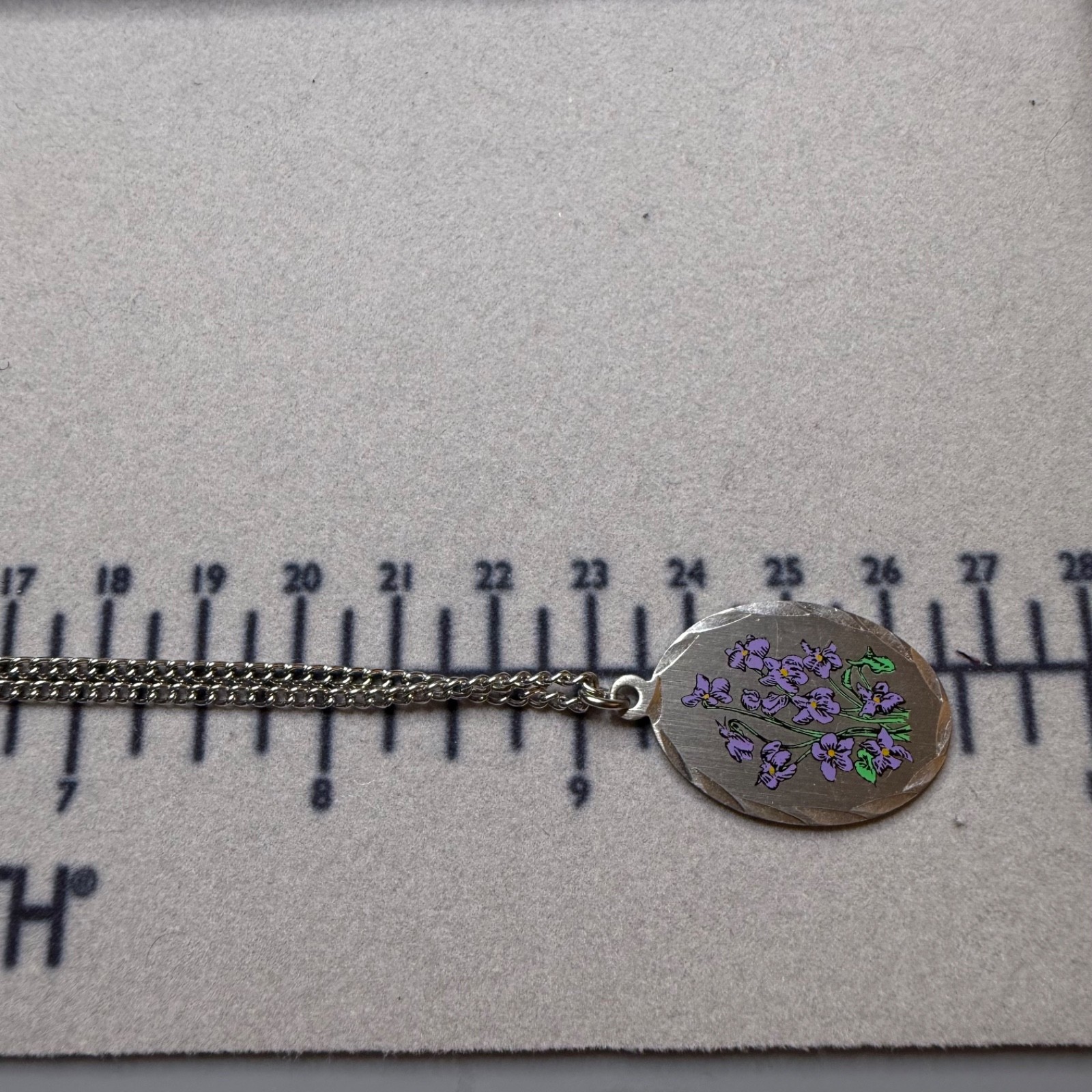 Vintage Genuine Pewter Hand Painted Violets Purple Floral Spray Pendant Necklace