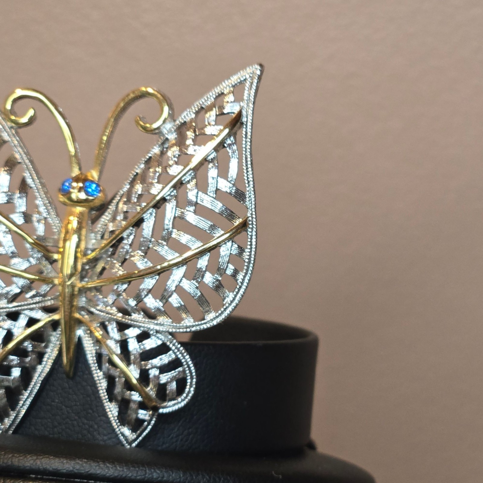 Vintage Avon Butterfly Brooch Silver Gold Tone Filigree Blue crystal Rhinestones