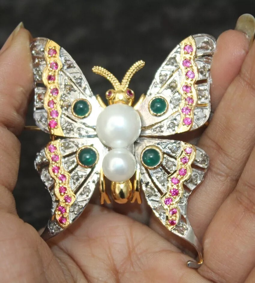 2.40ct Rose Cut Diamond Ruby Emerald Pearl 925 Silver Butterfly Brooch Pin