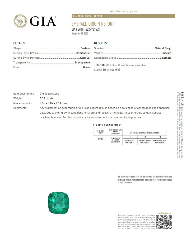 GIA CERTIFIED Colombian Emerald Cushion Shape Vivid Green 3.28 Cts