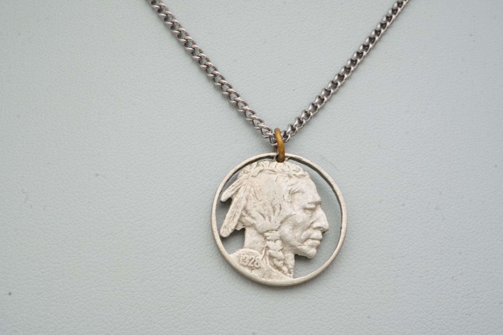 Vintage Necklace Silver Tone Carved Buffalo Nickel 24″