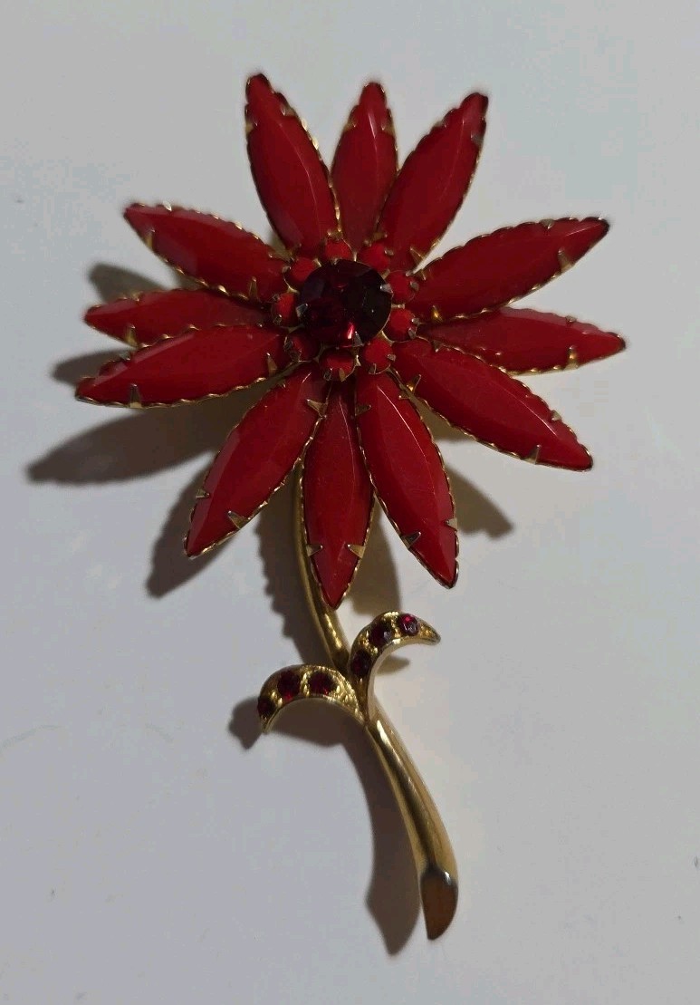 Vintage Red & Gold Lucite/Glass Flower Brooch Approximately 3-1/2 Inch