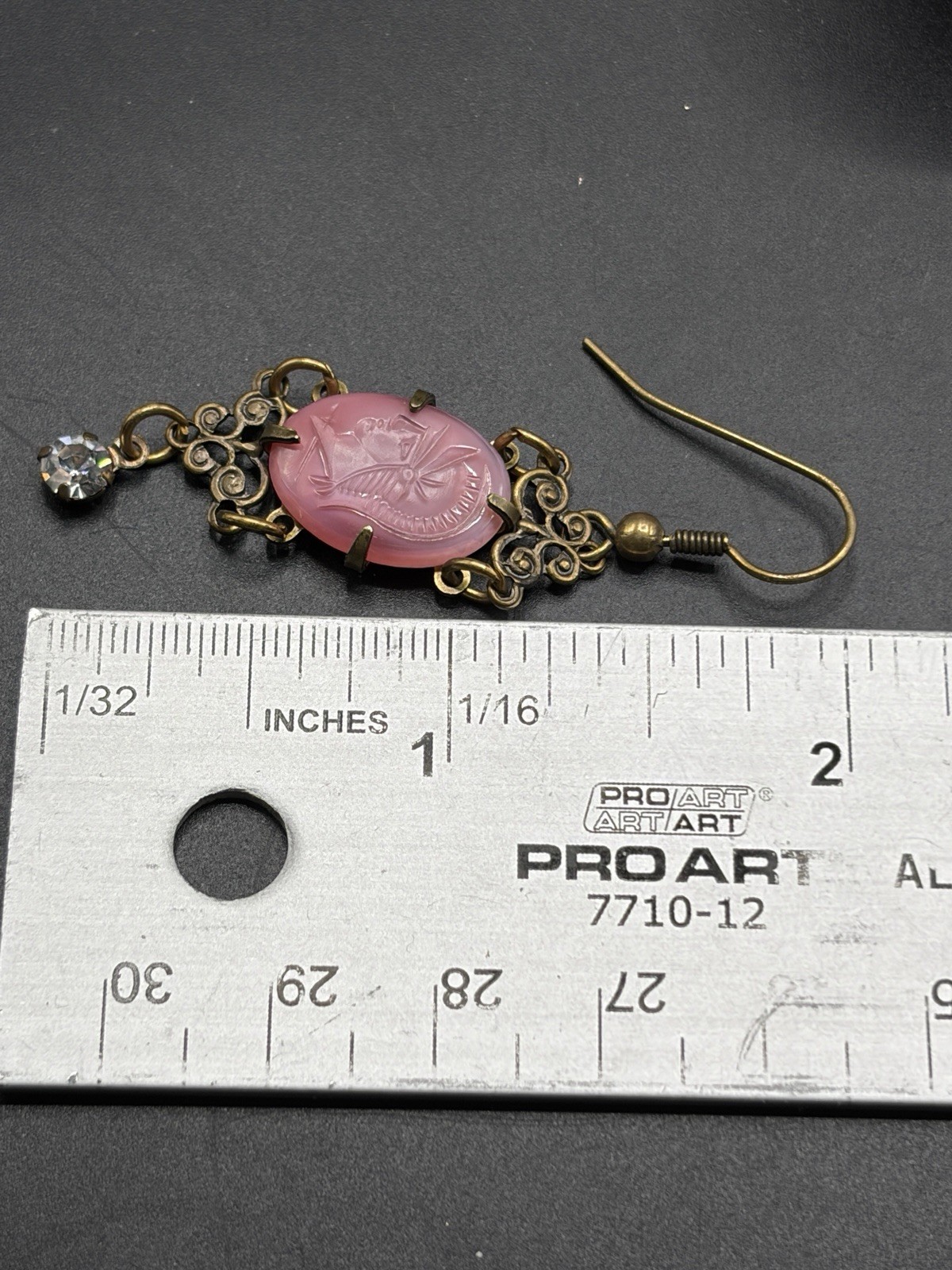 Glass Works Studio Earrings Pink Cameo Knight Dangles Openwork Gold Tone 2”