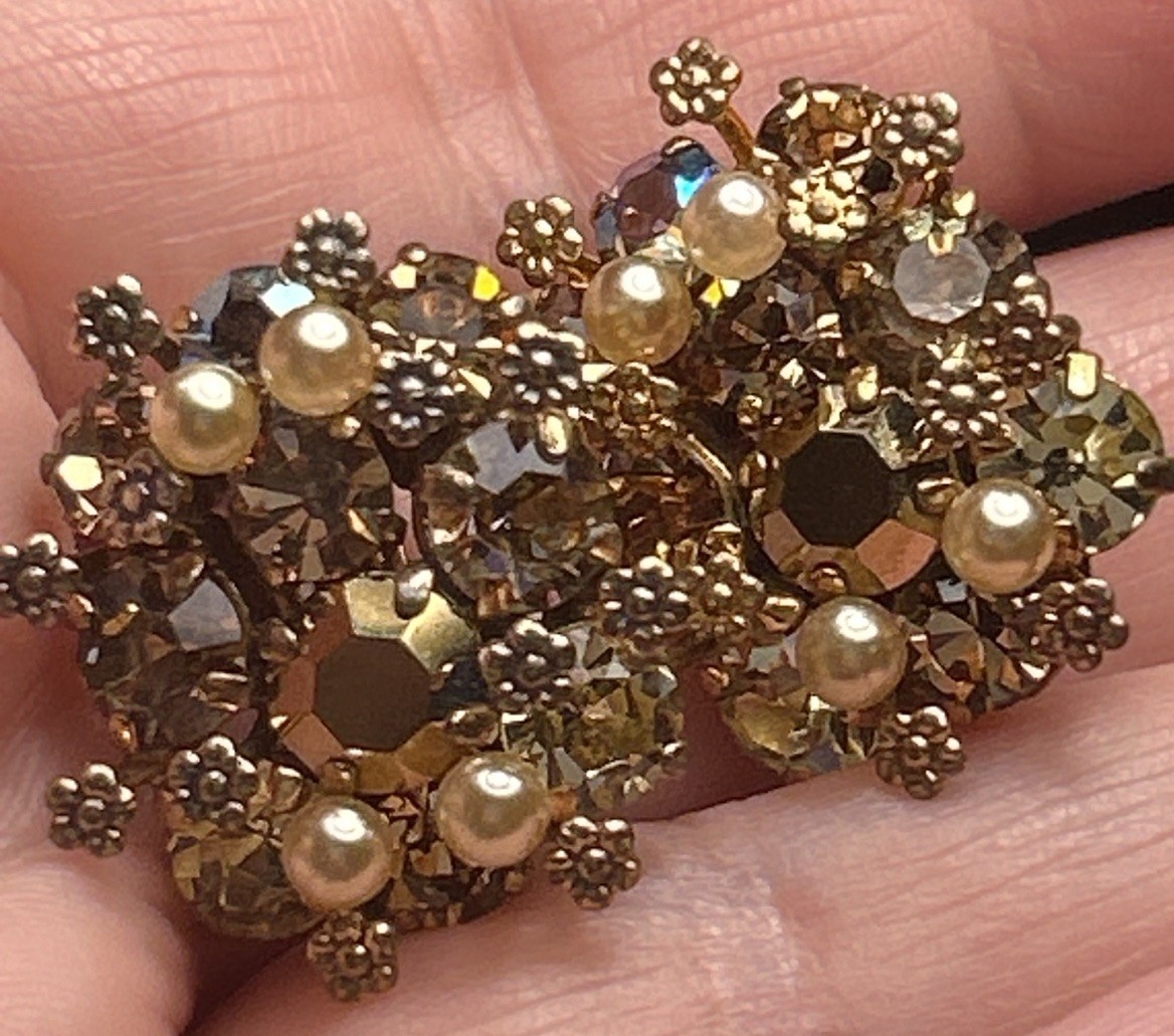 Vintage Austria Bronze Rhinestone & Pearl Cluster Earrings Clip On AB Crystal 1”