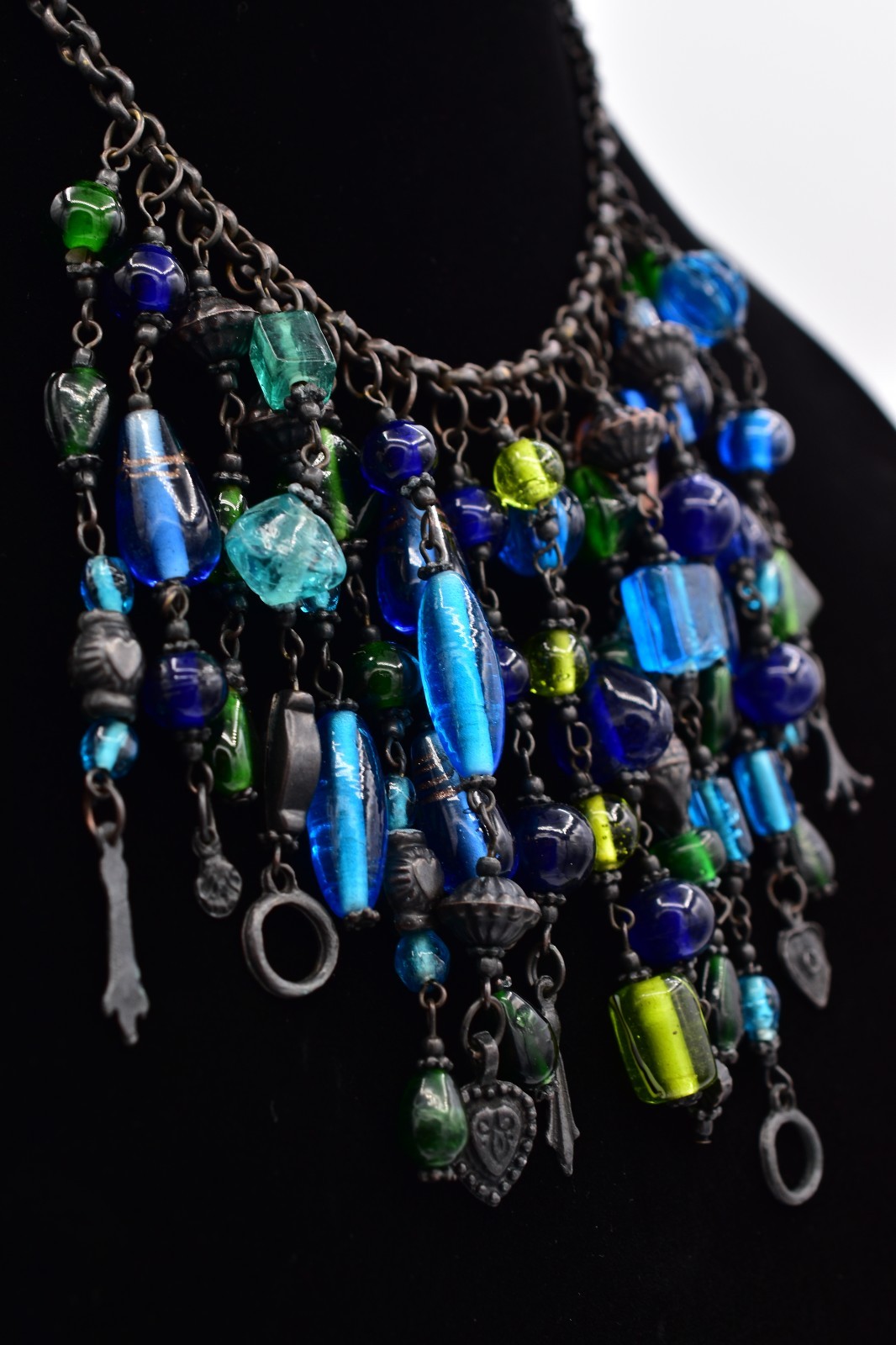 Vintage Glass Beaded Bib Collar Necklace Blue Green Fringe Gunmetal Chunky BinBQ