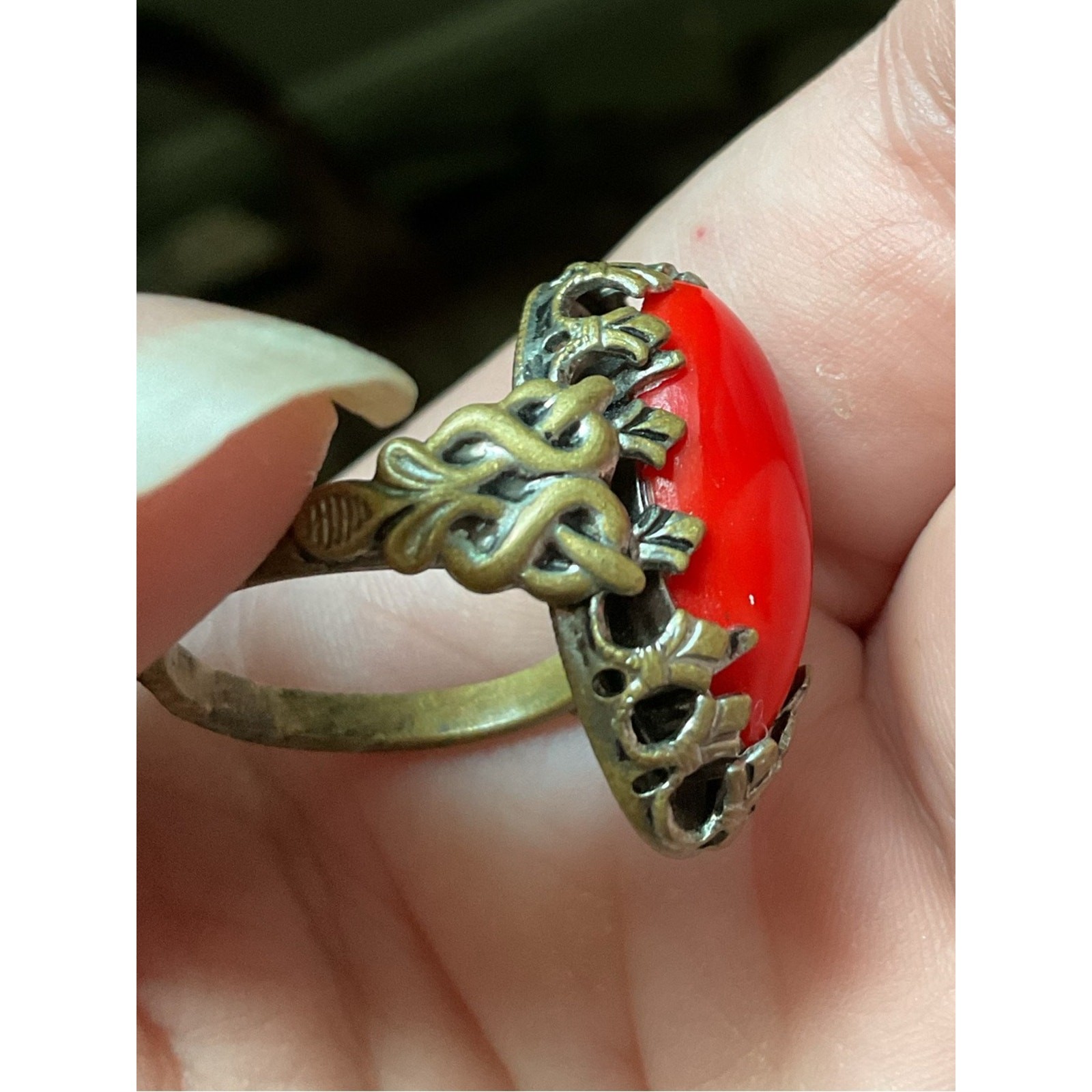 Vintage Red Coral Filigree Gold Tone Ring Size 7