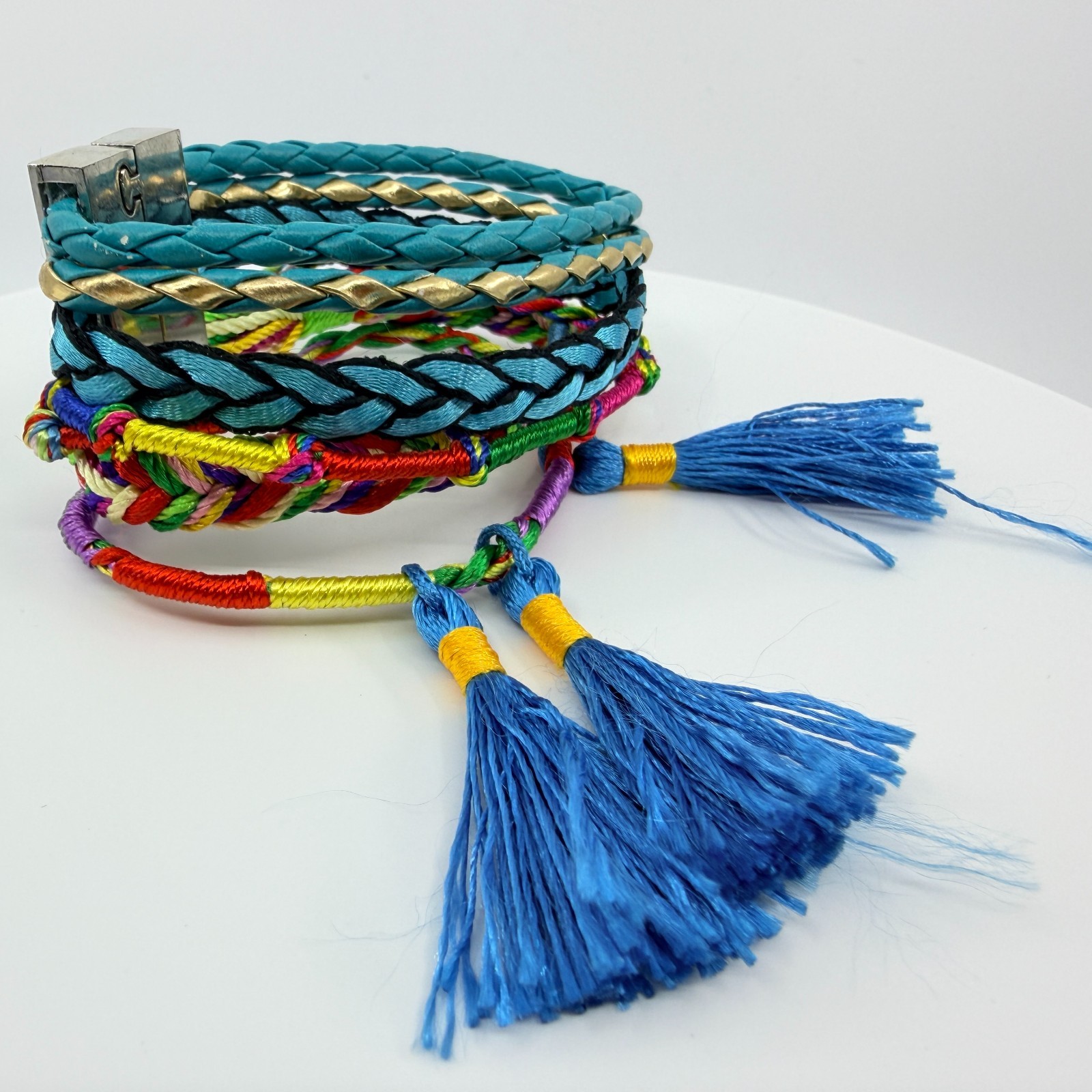 Vintage Blue Teal Multi Strand Braided Wrap Bracelet Tassels Magnetic Clasp Boho