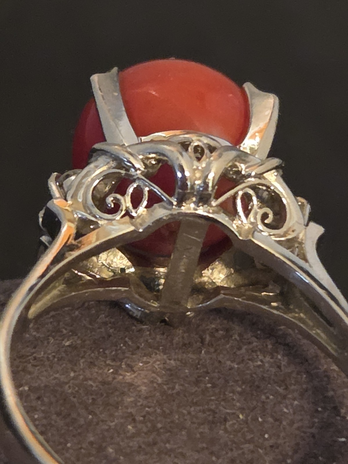 Antique 19th Century 900 Platinum Natural Coral & Diamonds Ring Sz 5-3/4