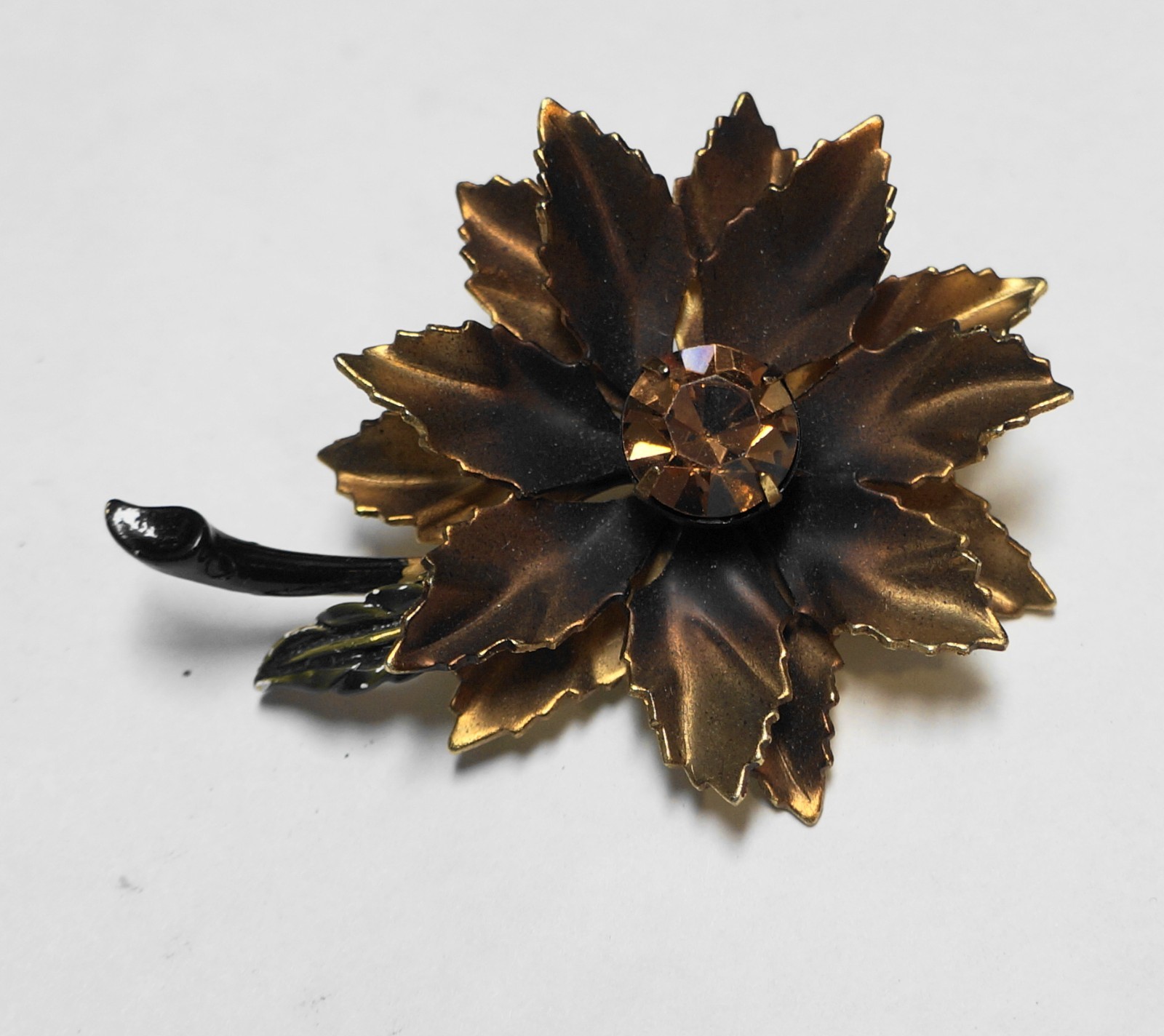 Chocolate Brown Bronze Tone Amber Topaz Rhinestone Flower Pin