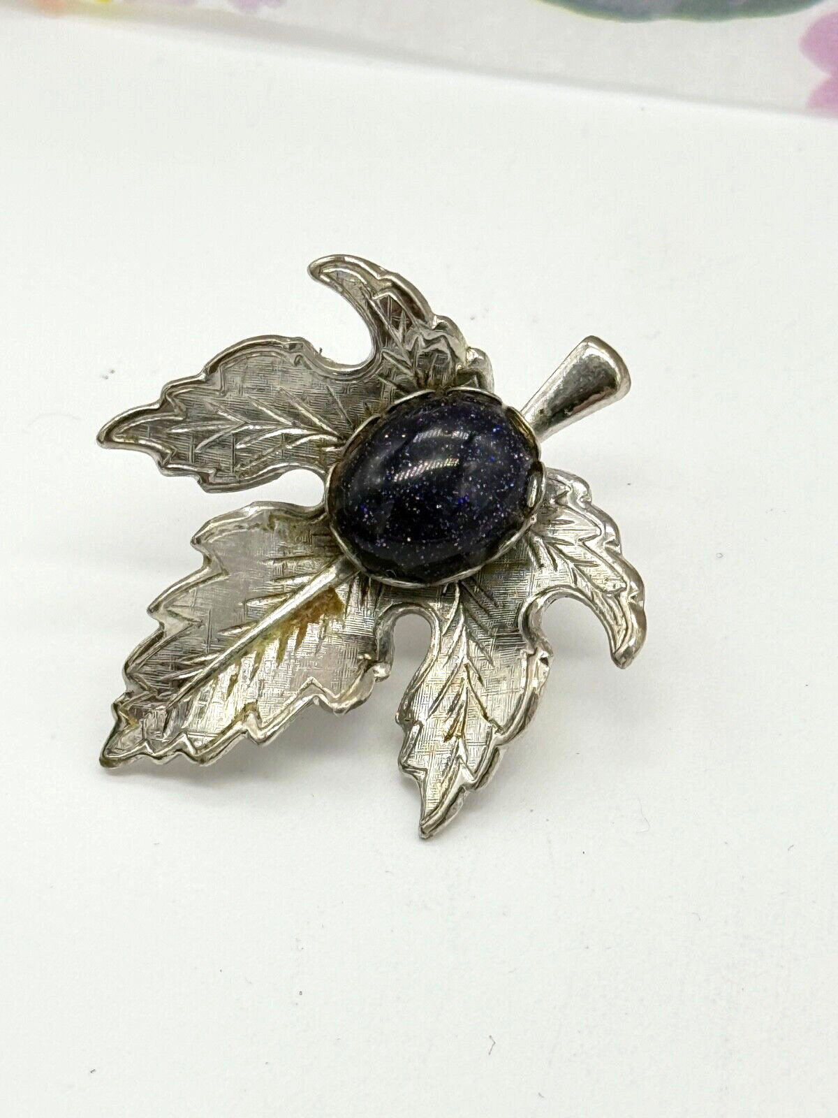 Vintage Maple Leaf Blue Goldstone Brooch / Pin Silver Tone with Safety Clasp