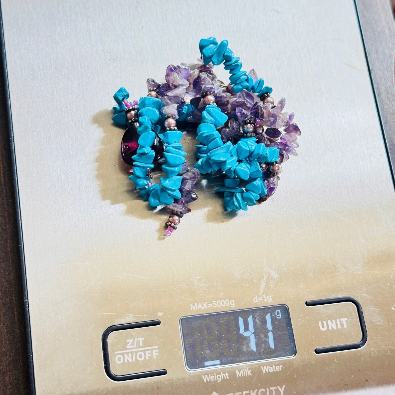 South Western Heart Boho Necklace VTG Blue Turquoise purple Amethyst Beads 21″