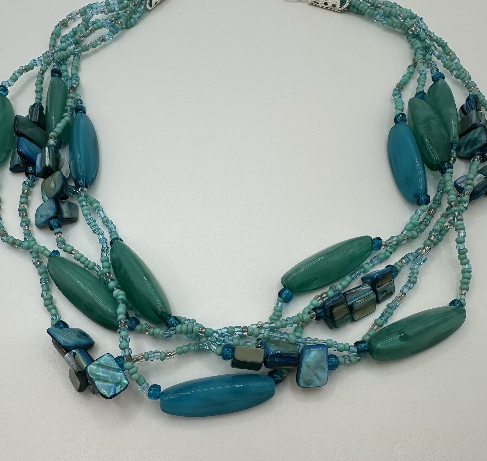 Multi Strand Necklace with Aqua Blue Dyed Abalone Shell & Acrylic Beads 18″-20″