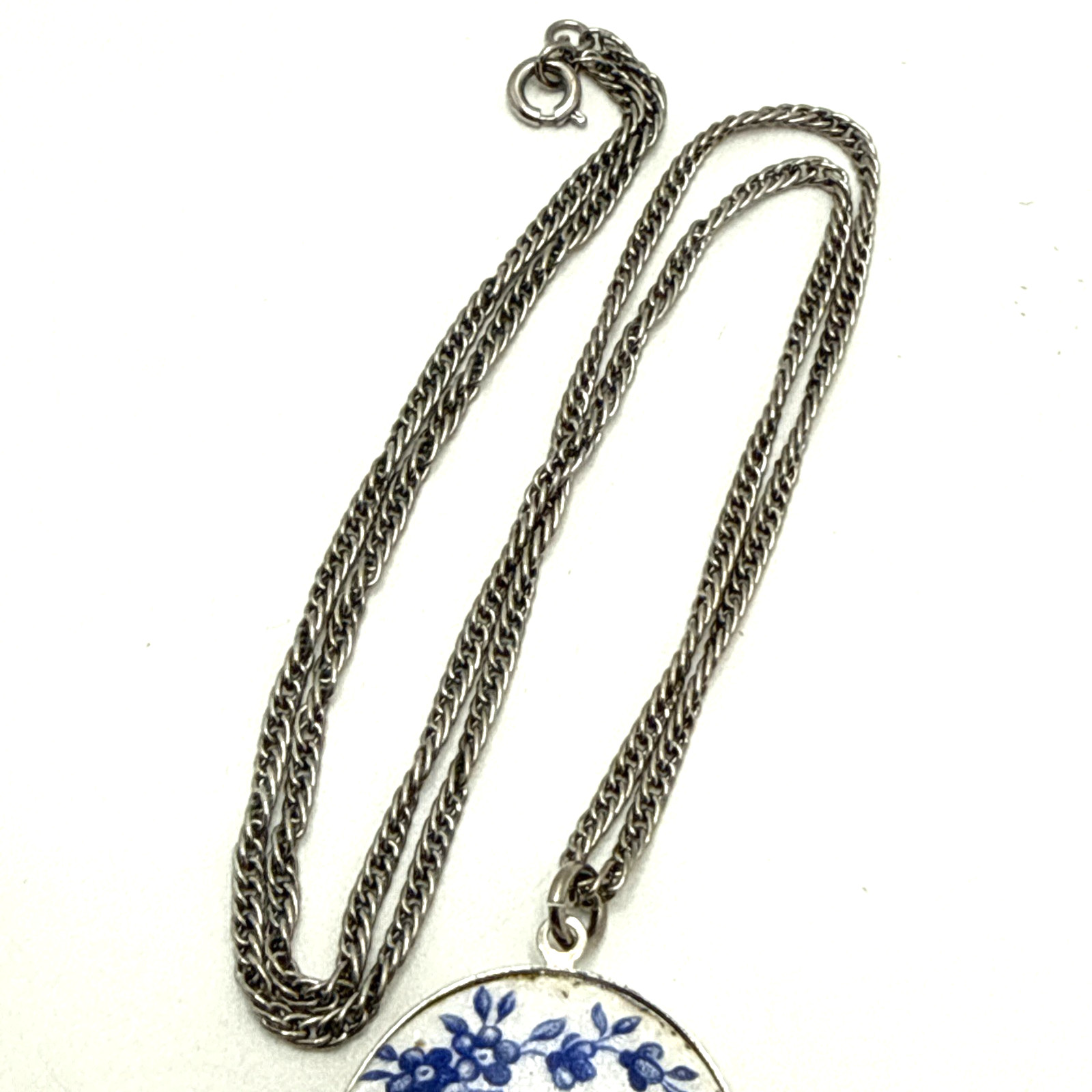 Vintage Guilloche Locket Blue White Enamel Bird of Paradise Floral 24″