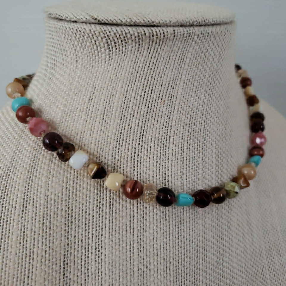 VTG Multi Polished Gemstone Necklace 16.5″ Knotted Faceted Glass Agate