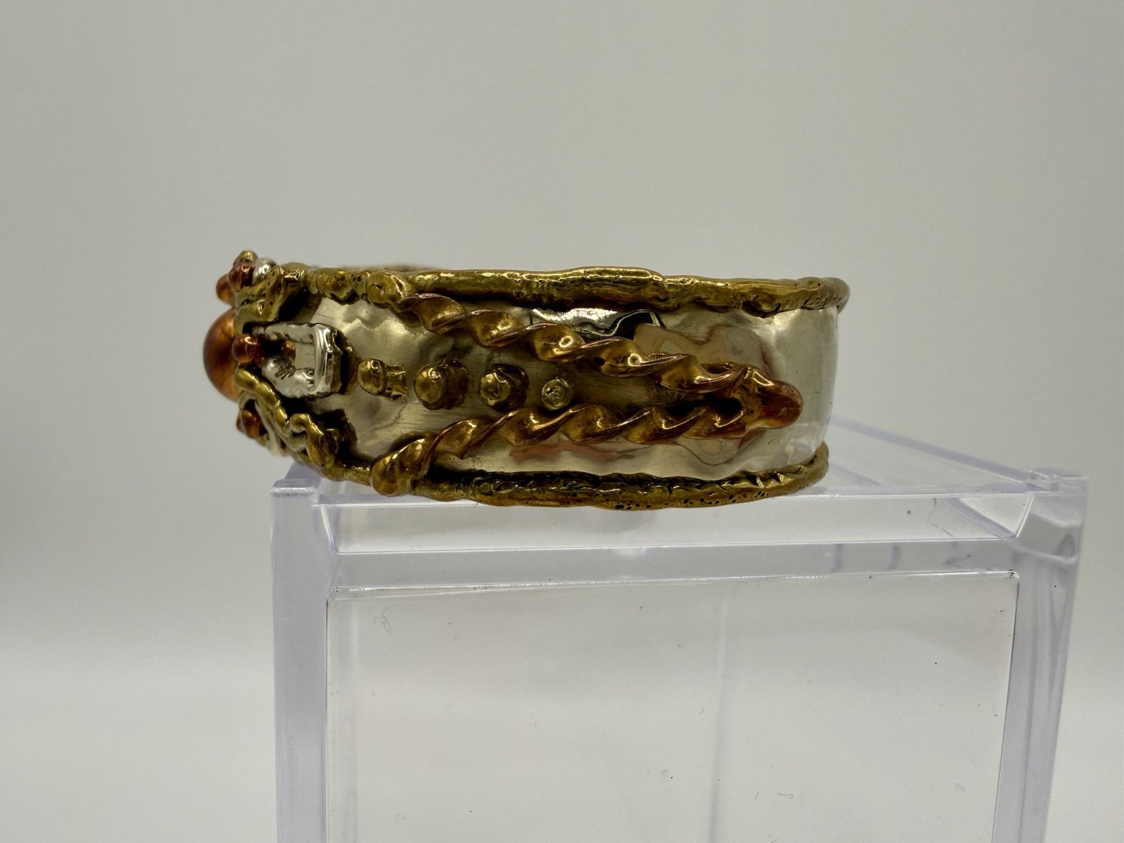Vtg Mexican Brutalist Mixed Metal Cuff Bracelet Sterling Base Eagle Stamp 25.6g