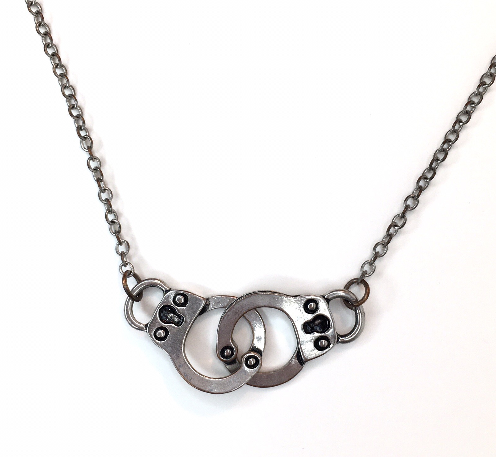 Police Handcuffs Pendant Necklace Silver Tone Alt Goth Punk Y2K Grunge