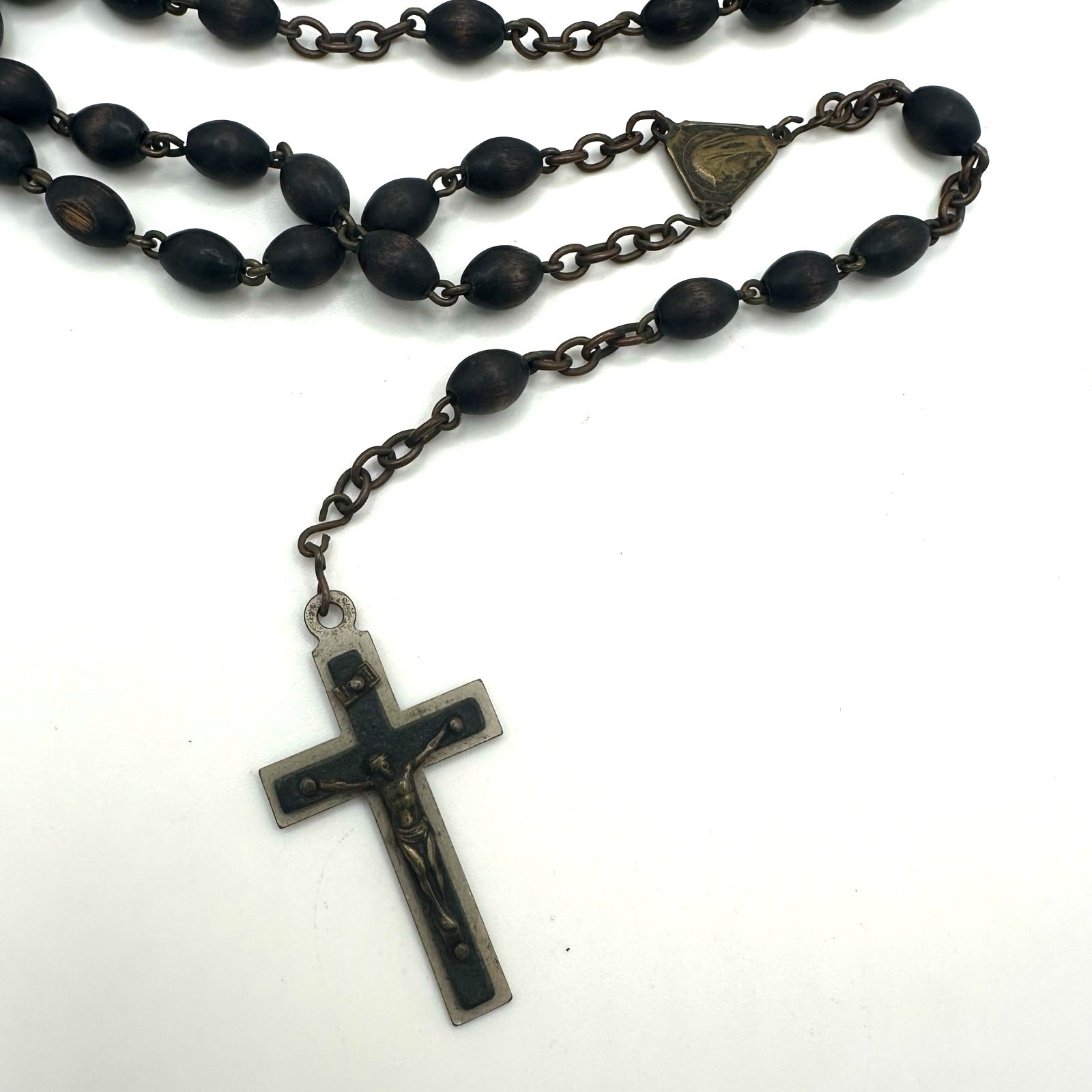 Antique Catholic brass black ebony beads beaded rosary prayer necklace