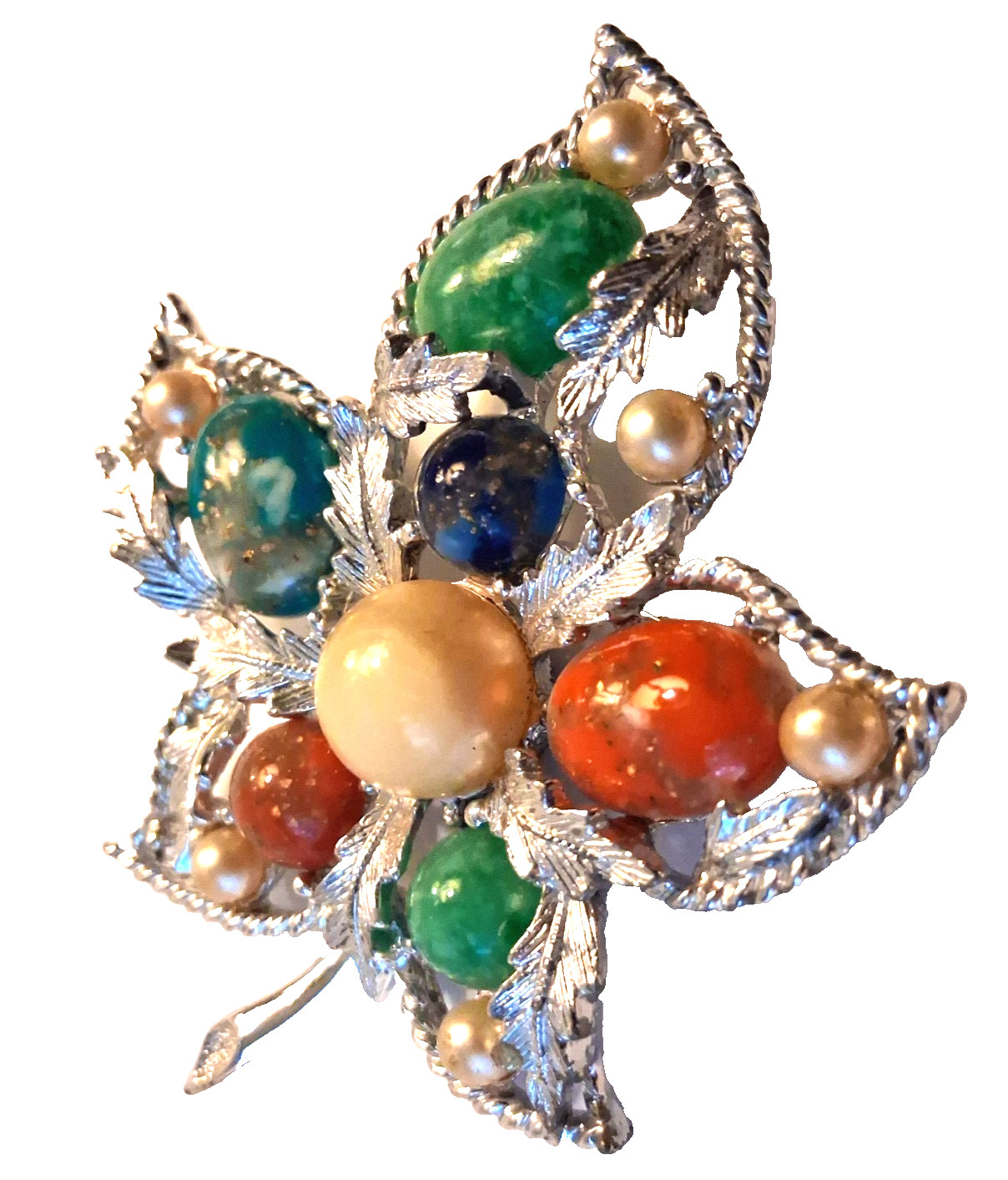 Vtg 1968 UV Glow SARAH COVENTRY Fantasy Brooch Silver Leaf Multicolor 3″ x 2.25″