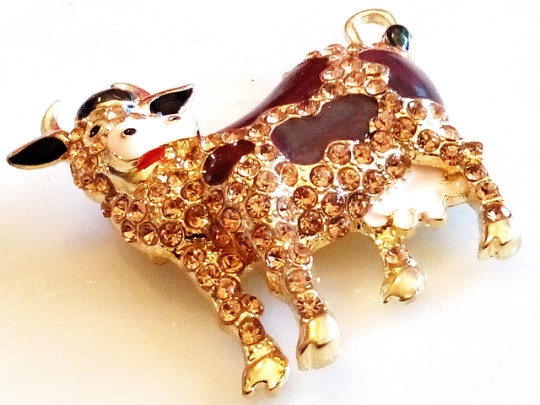 RHINESTONE COW BROOCH!Brown & White Enamel.Sparkling Amber Rhinestones.Gold Tone