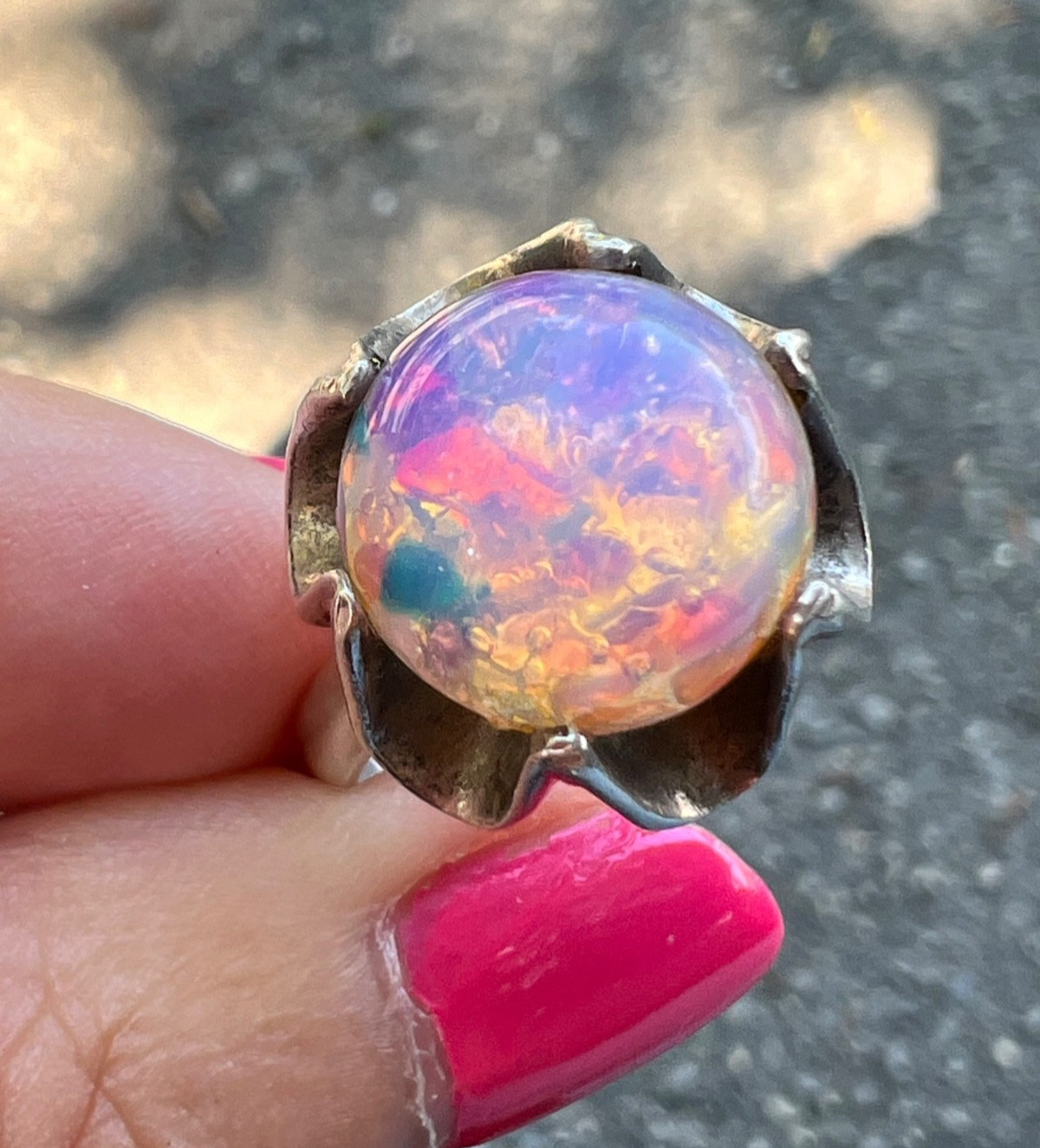 VINTAGE LARGE ROUND CABOCHON FAUX RAINBOW OPAL RING 925 STERLING SLVER MEXICO