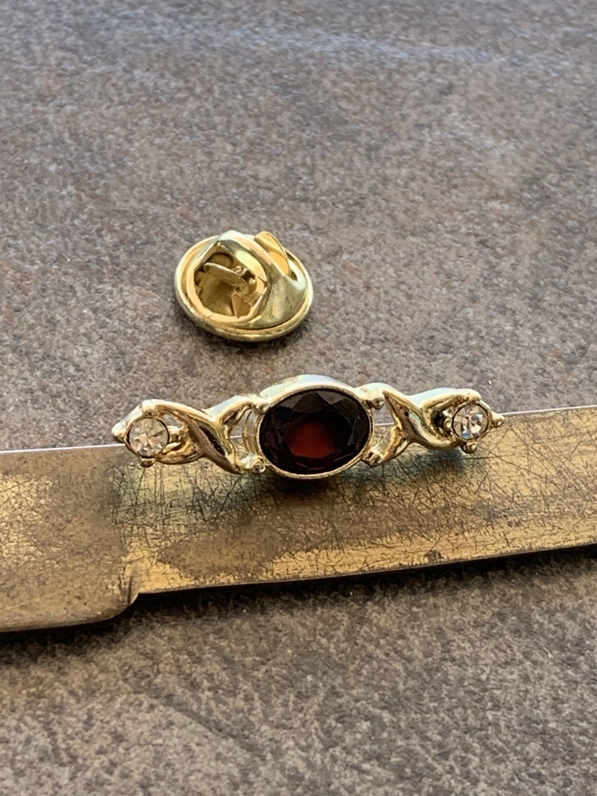 Vintage Tie Tack Lapel Bar Pin Gold Tone W/Deep Purple Stone And Rhinestones
