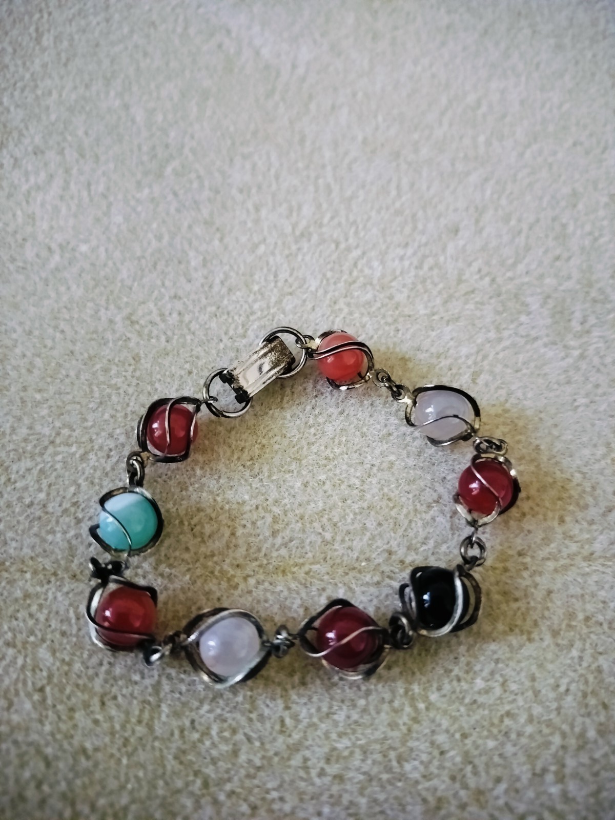 Vintage MCM Multi-Gemstone Caged Sphere Link Bracelet Wire-Wrapped Scarab-Style