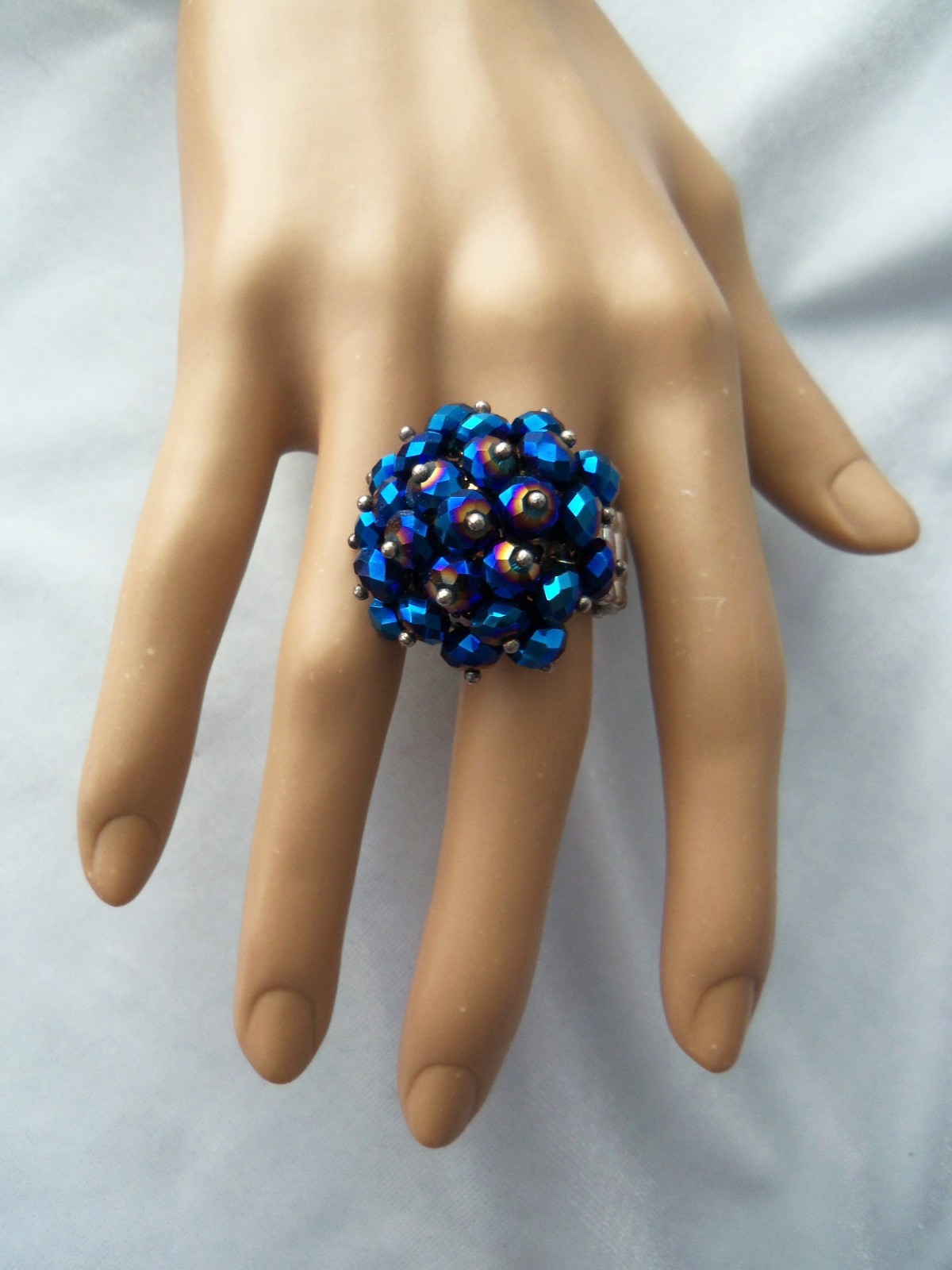 Iridescent Blue Crystal Bead Cluster Silvertone Stretch Band Ring