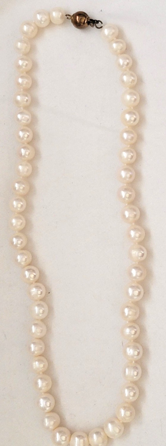Vintage Hand Knotted Freshwater Pearls Copper Ball Box Clasp Necklace 16.5″ L
