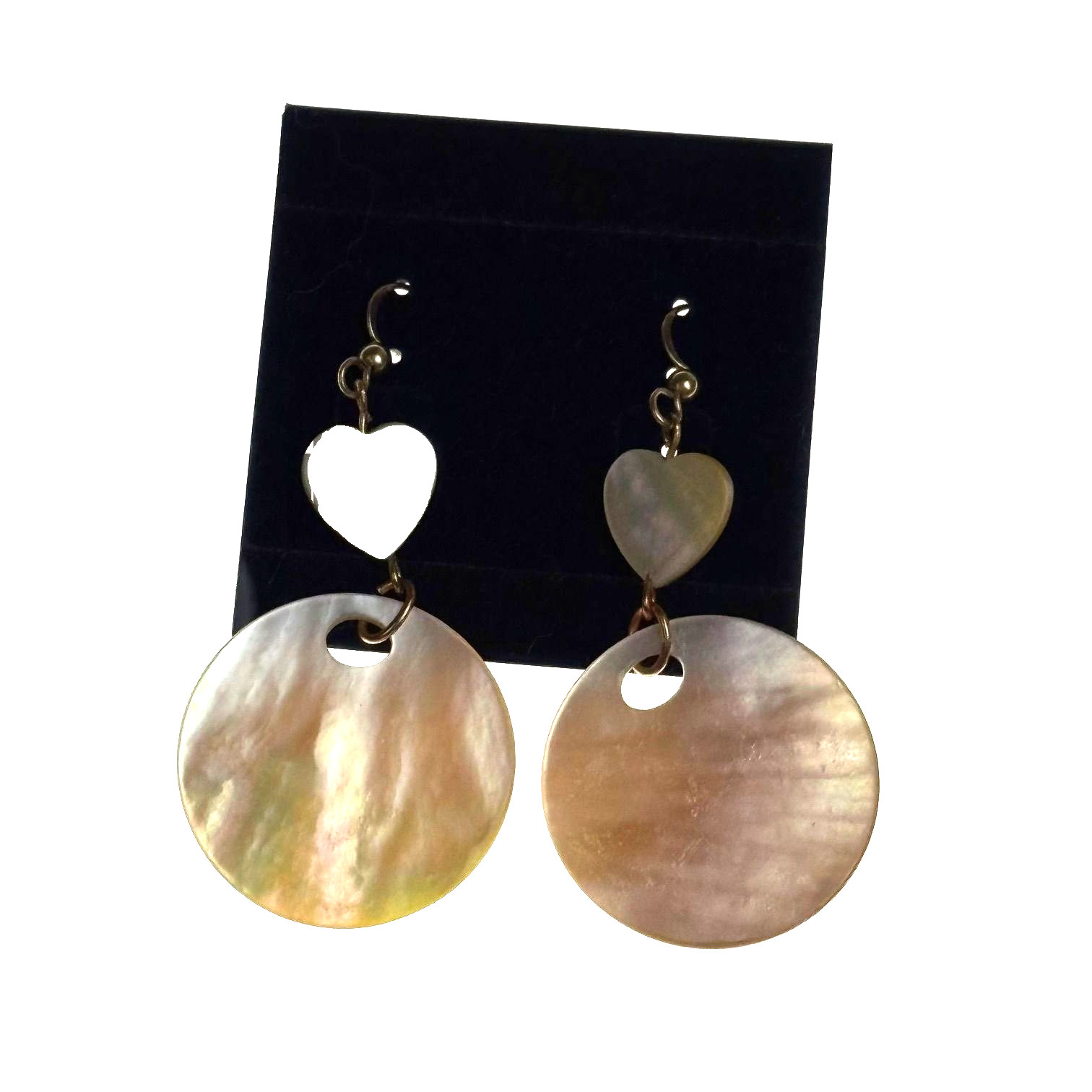 Vintage Heart Round Mother Of Pearl Dangle Earrings Handmade Hook Lightweight