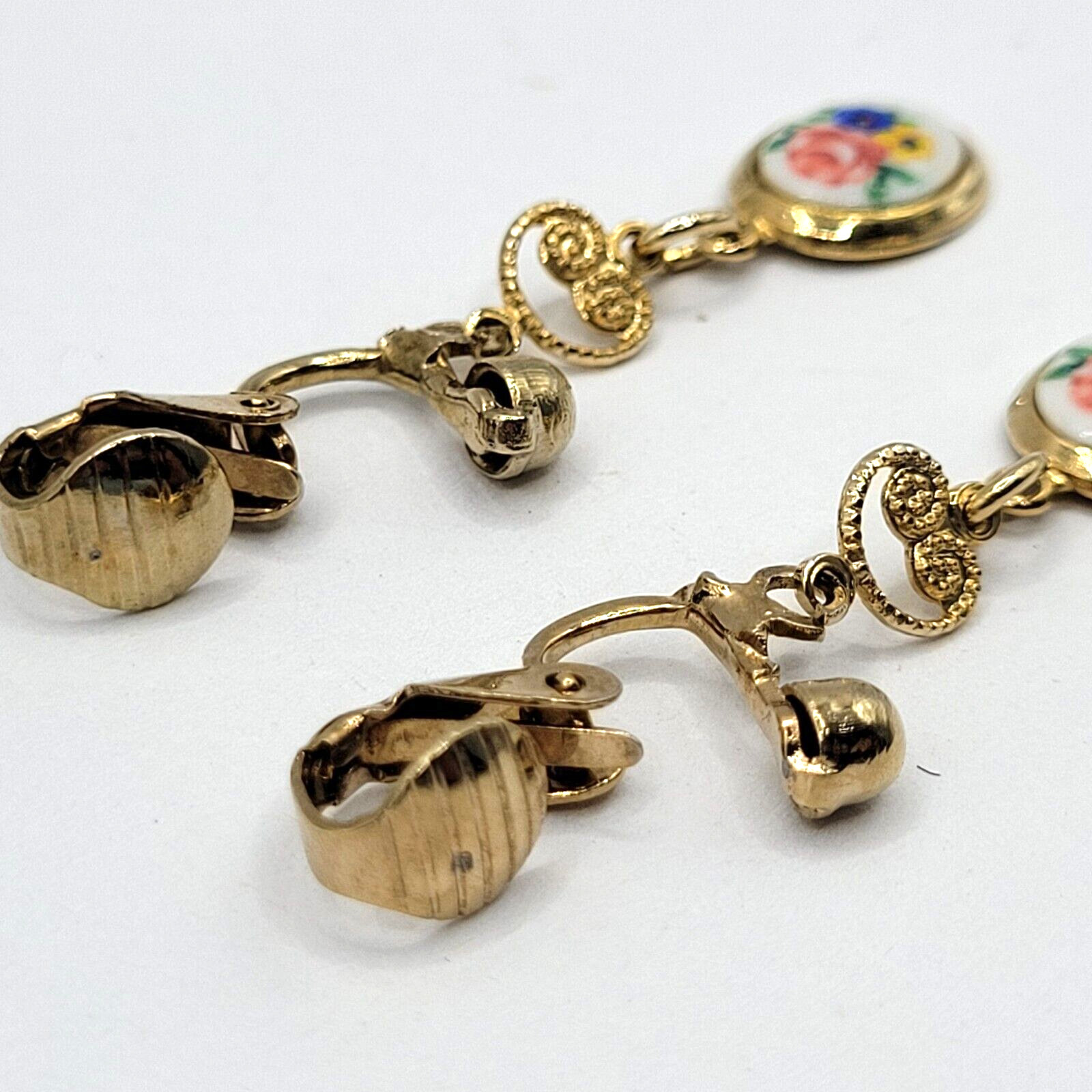 Petite Hand Painted Flowers Porcelain Gold Tone Drop Dangle Vintage Earrings