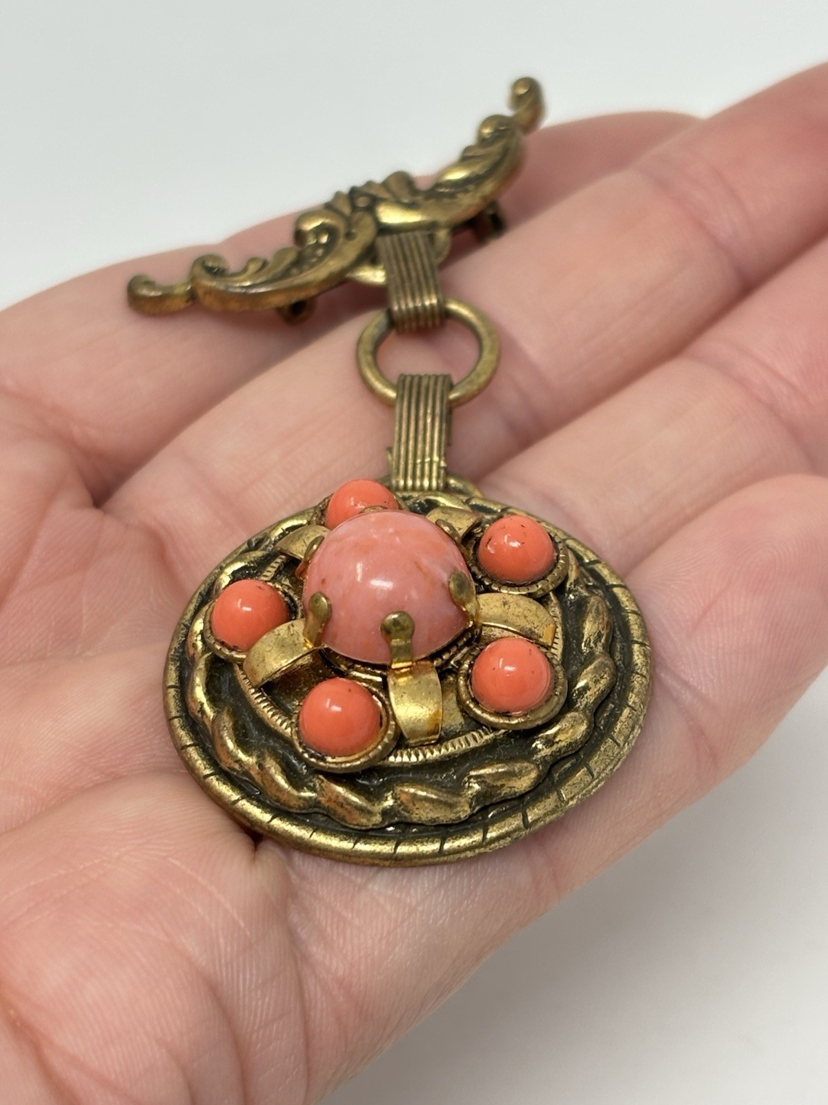 Vintage Etruscan Revival Style Book Chain Dangle Brooch Pin Faux Coral Cabochon