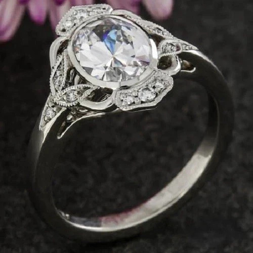 Art Deco Style Filigree Oval Lab Created Diamond Wedding 14K White Gold FN Ring
