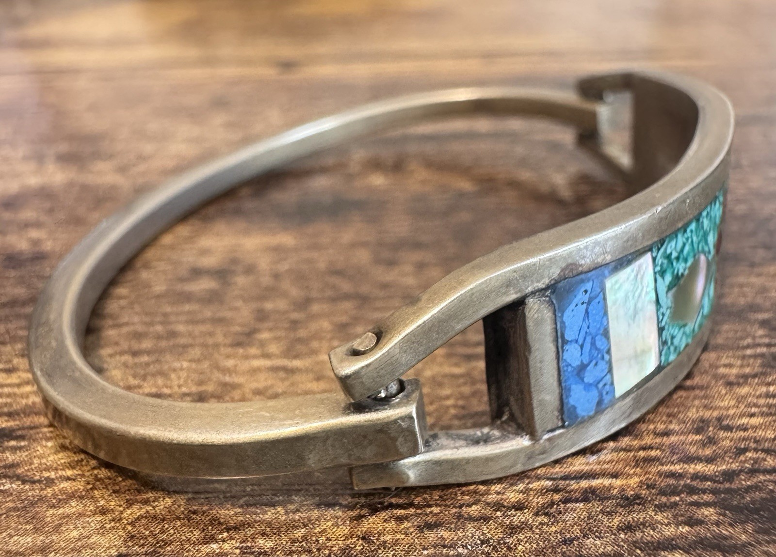 Vintage Taxco Mexico Alpaca Silver Chip Inlay Multi Stone Hinged Bracelet